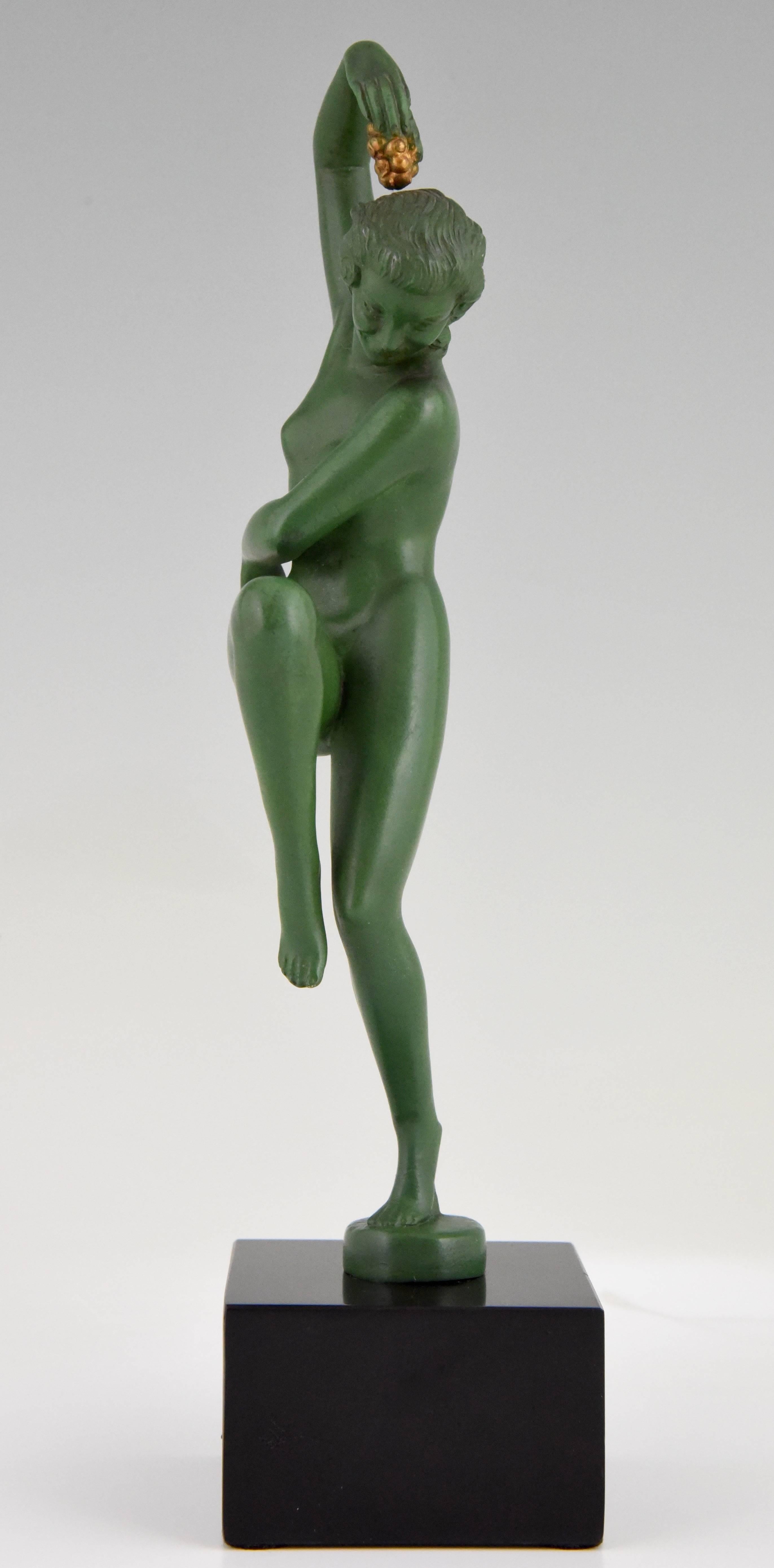 French Art Deco Sculpture Nude Dancer with Grapes by Denis, 1930 France