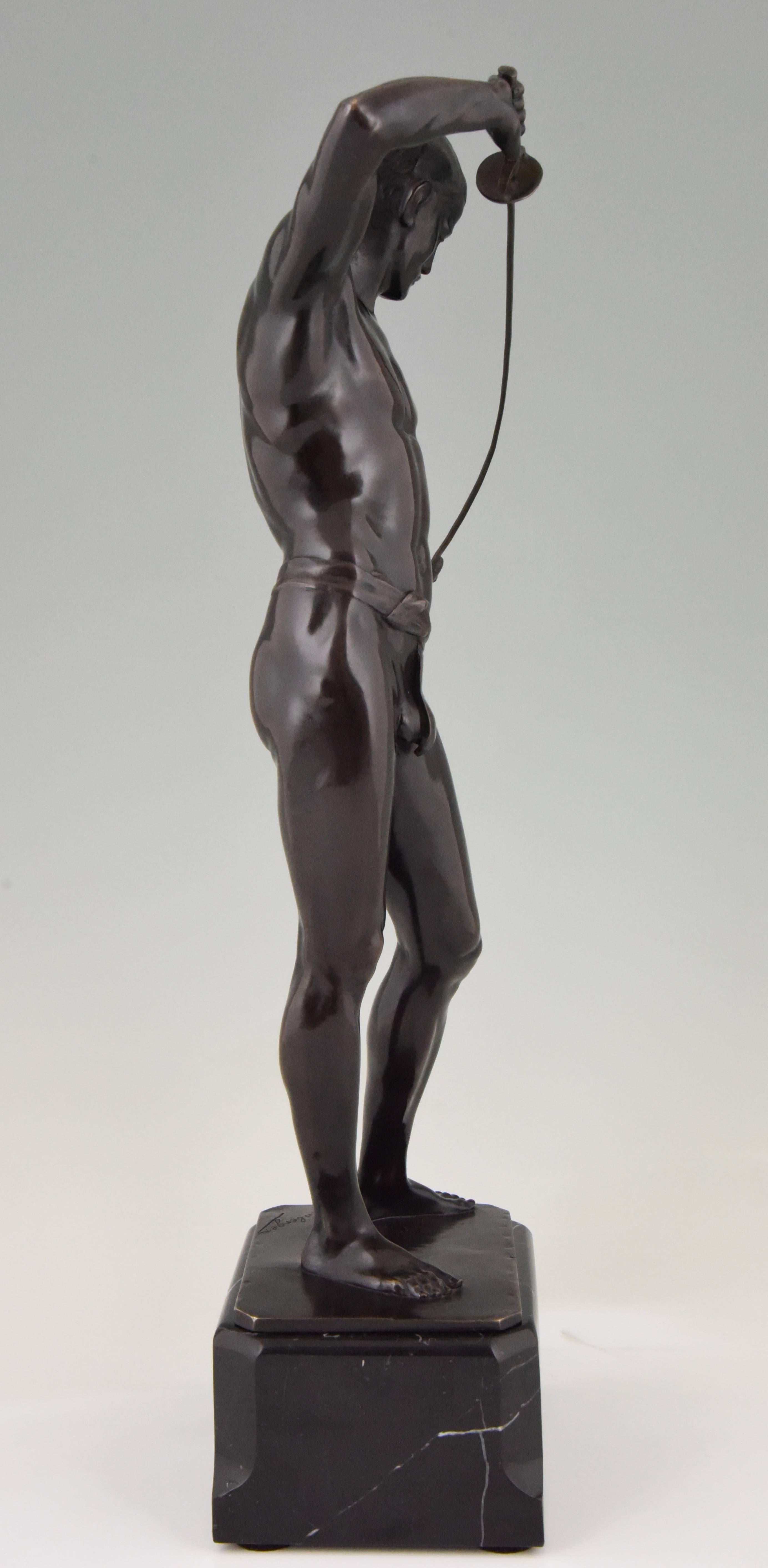German Antique Bronze Sculpture Male Nude Fencer Ludwig Eisenberger, 1900