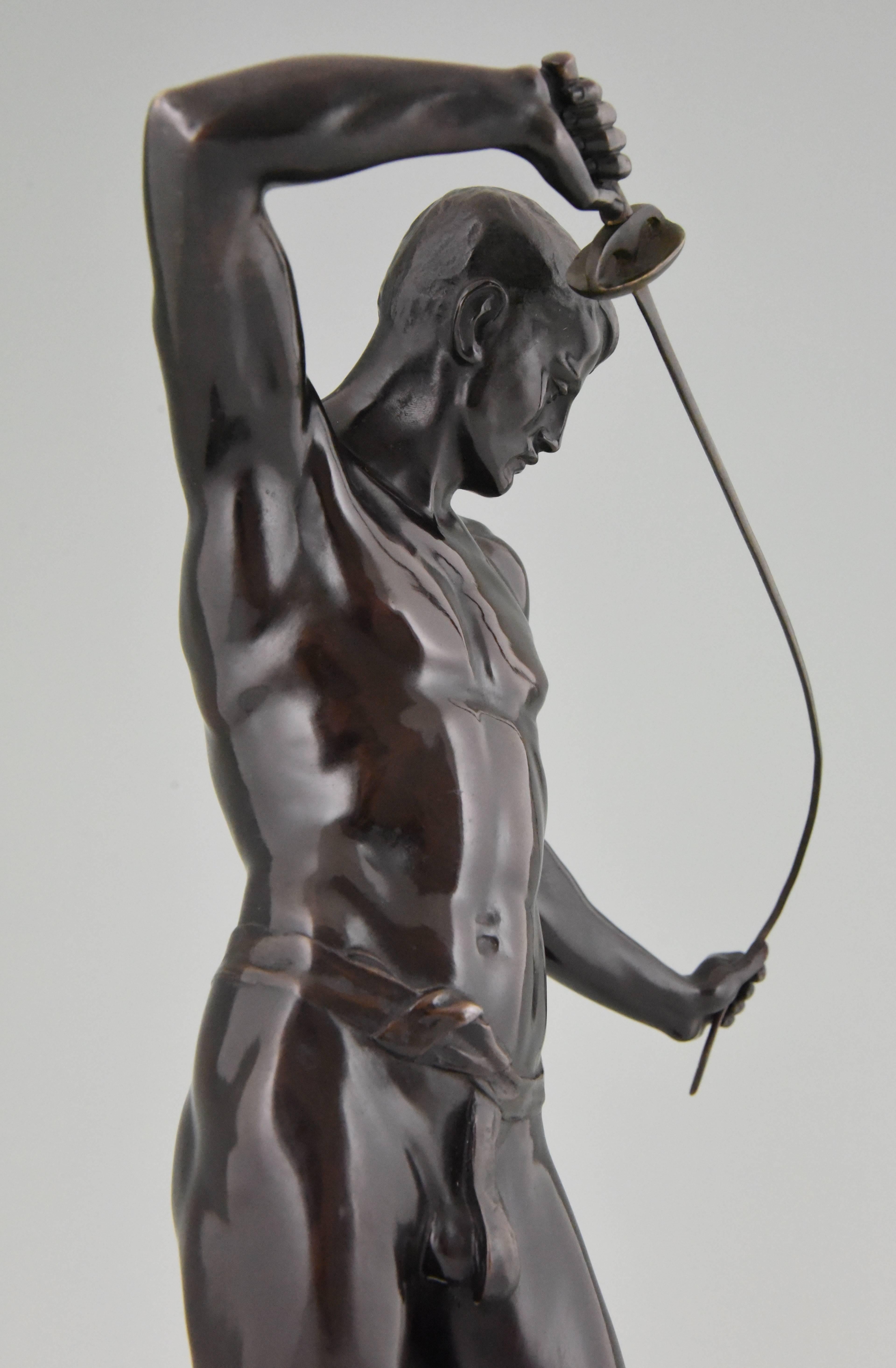 20th Century Antique Bronze Sculpture Male Nude Fencer Ludwig Eisenberger, 1900