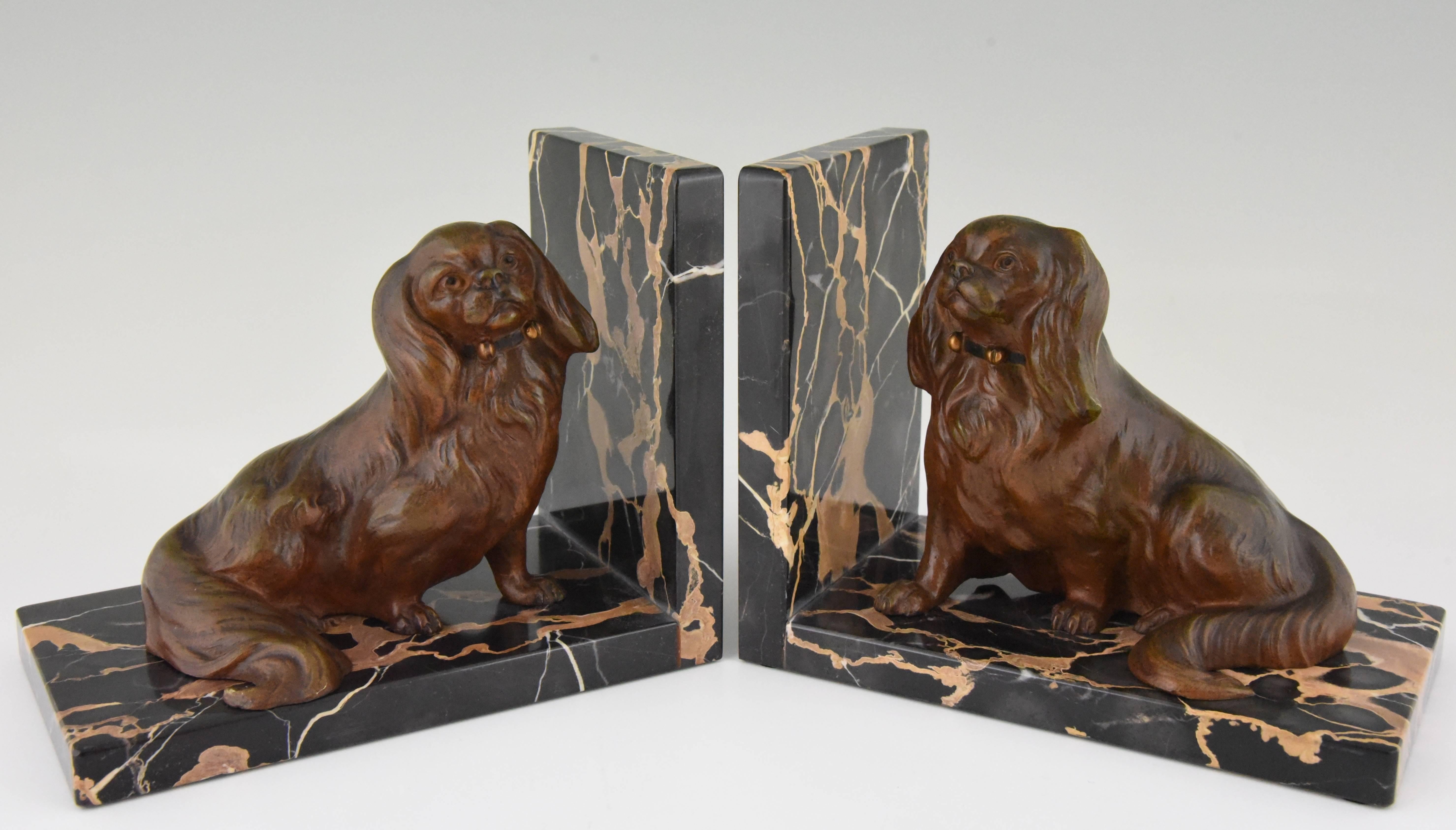 French Art Deco Bronze Bookends King Charles Spaniel Dogs by Louis Albert Carvin, 1930