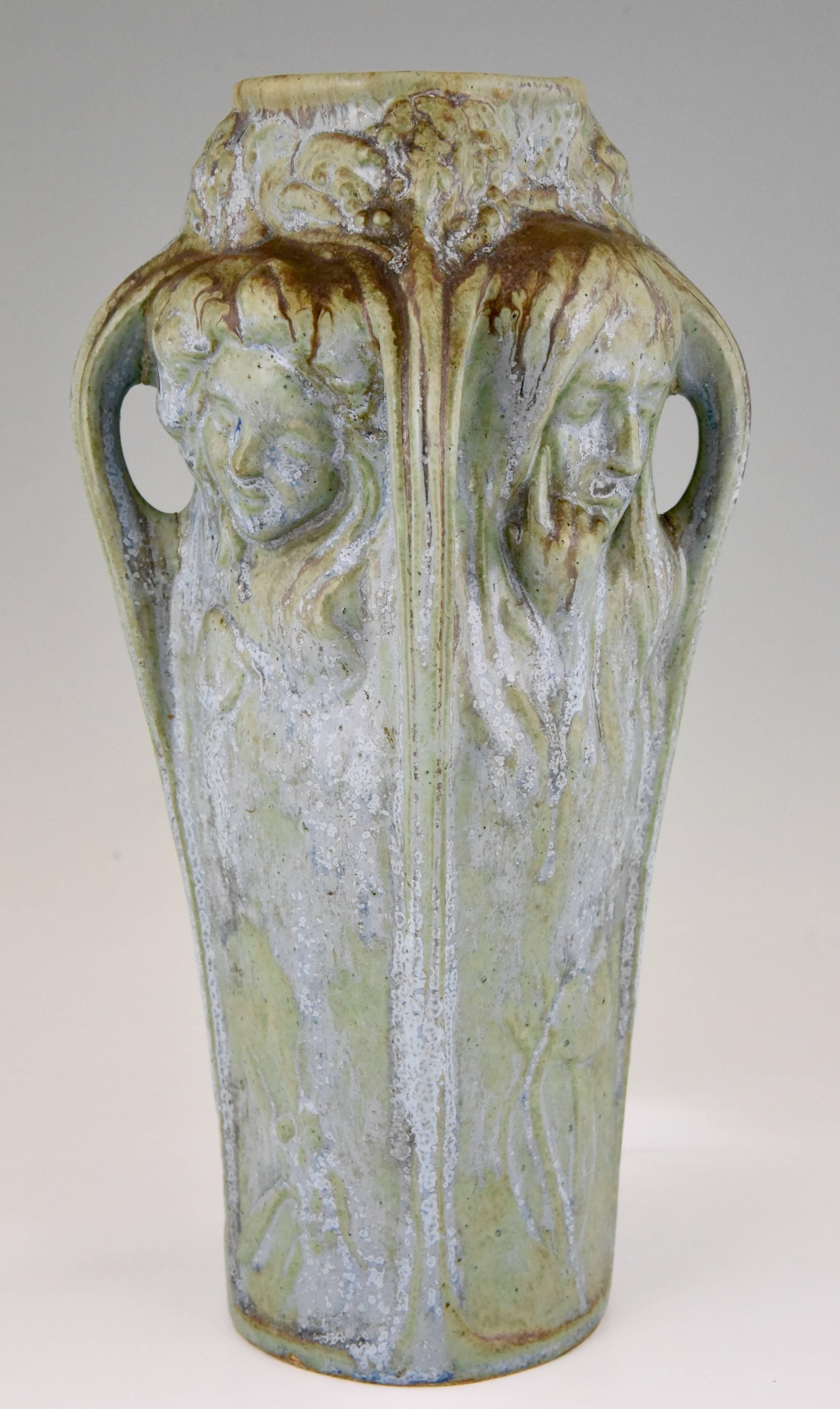 Early 20th Century Art Nouveau Vase Four Women's Faces Four Seasons Michelet for Gentil & Bourdet