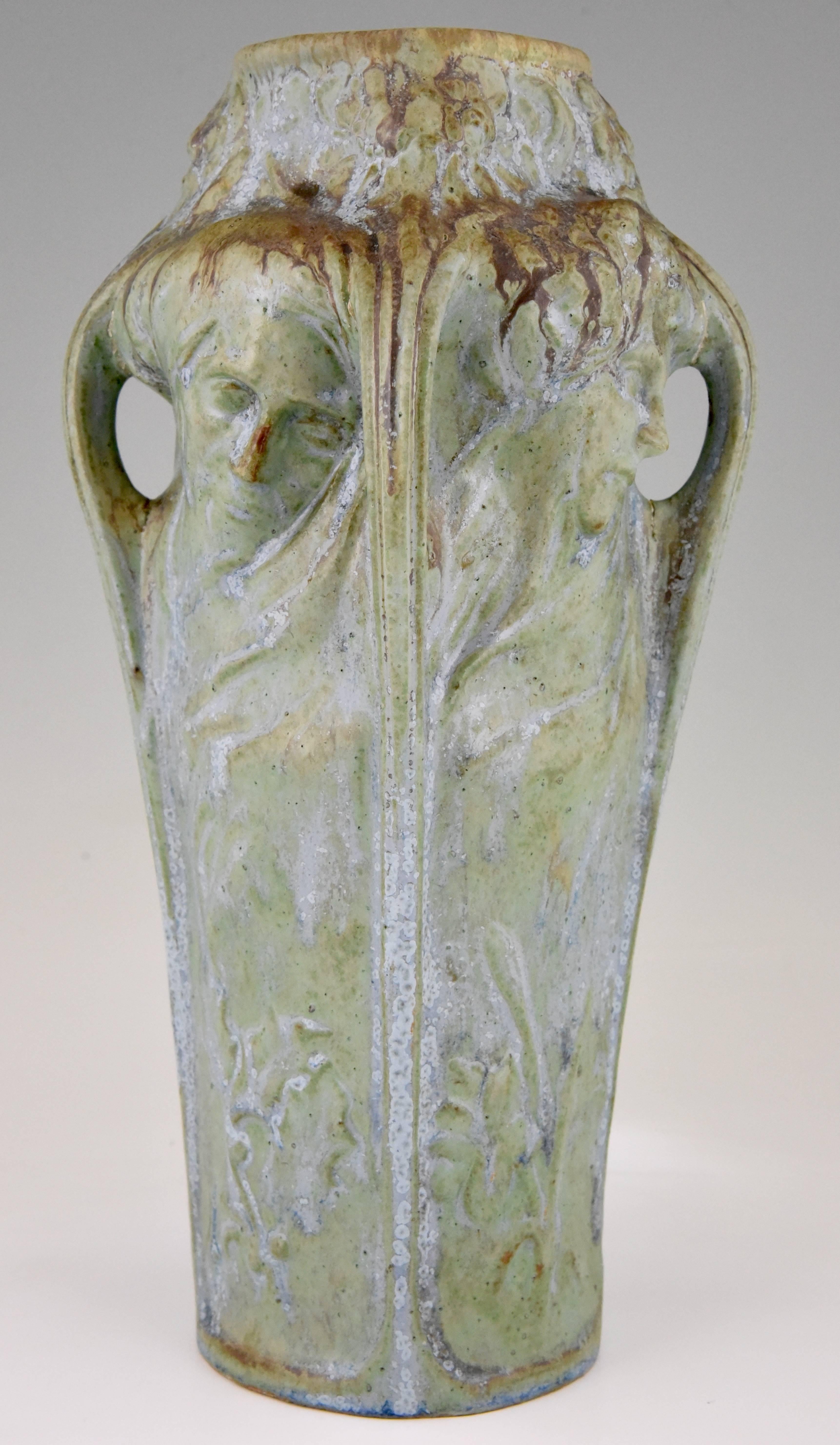 Ceramic Art Nouveau Vase Four Women's Faces Four Seasons Michelet for Gentil & Bourdet