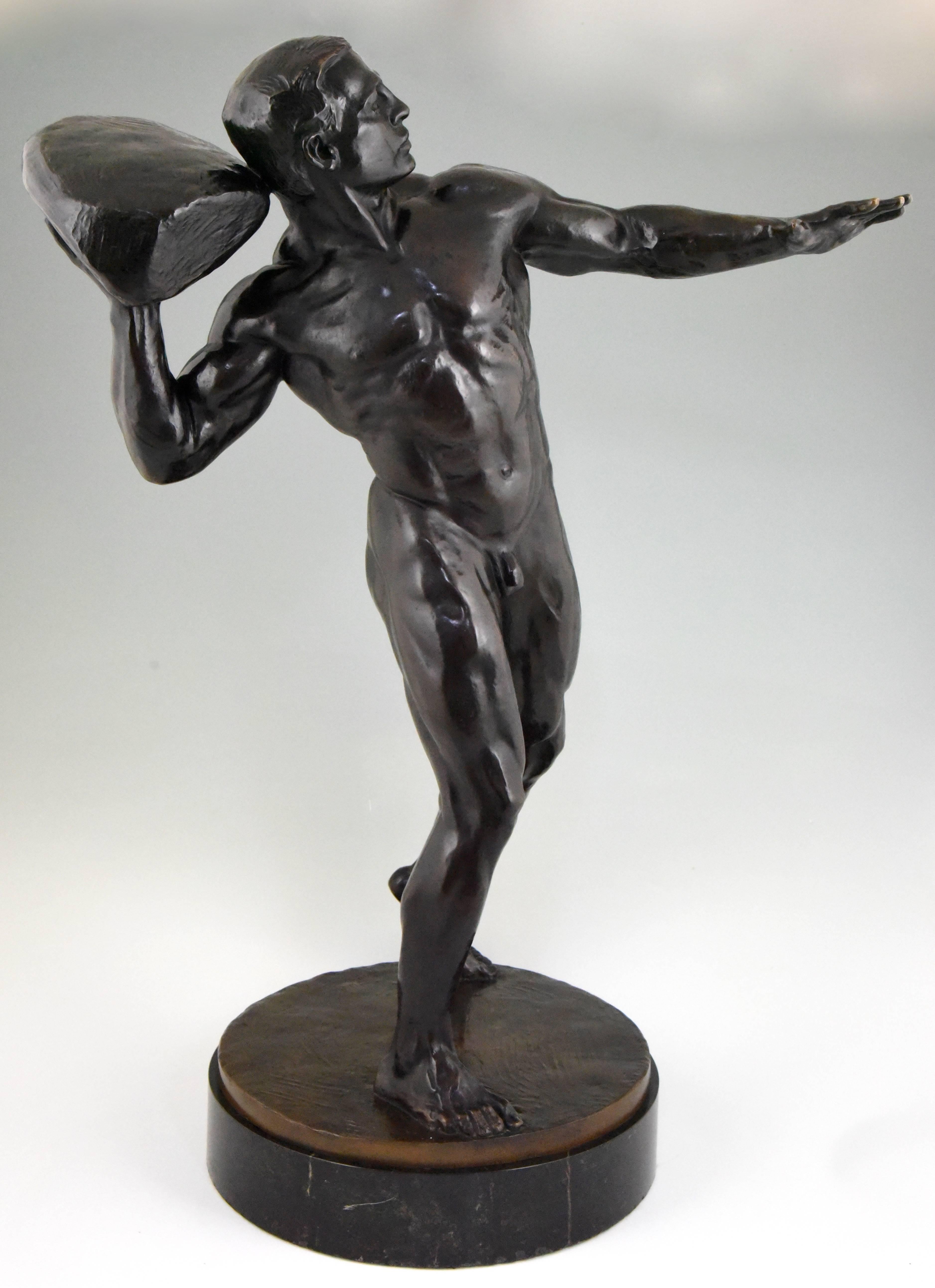Neoclassical Antique Bronze Sculpture Male Nude with Stone Hugo Siegwart H. 36 inch For Sale