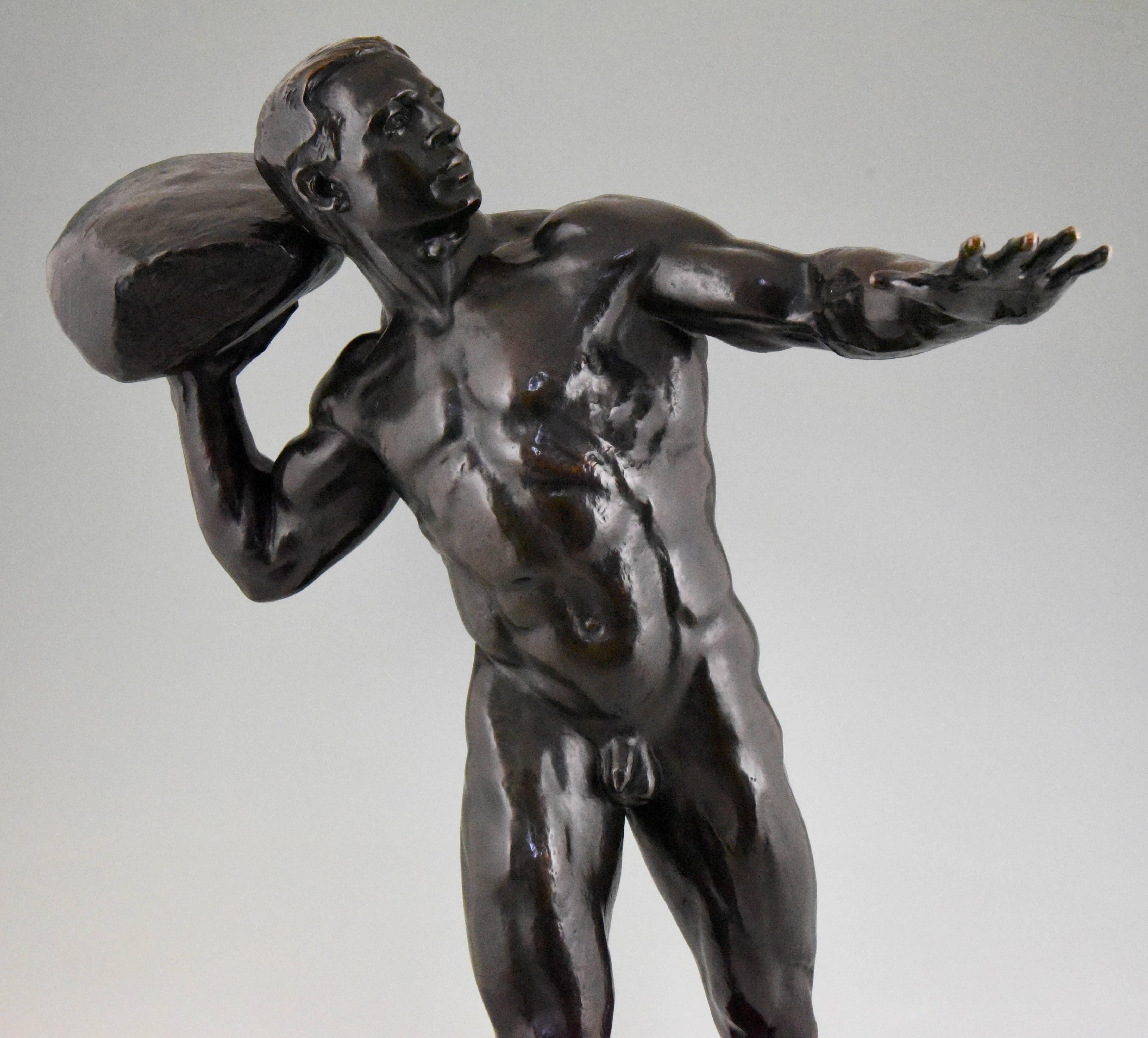 Swiss Antique Bronze Sculpture Male Nude with Stone Hugo Siegwart H. 36 inch For Sale