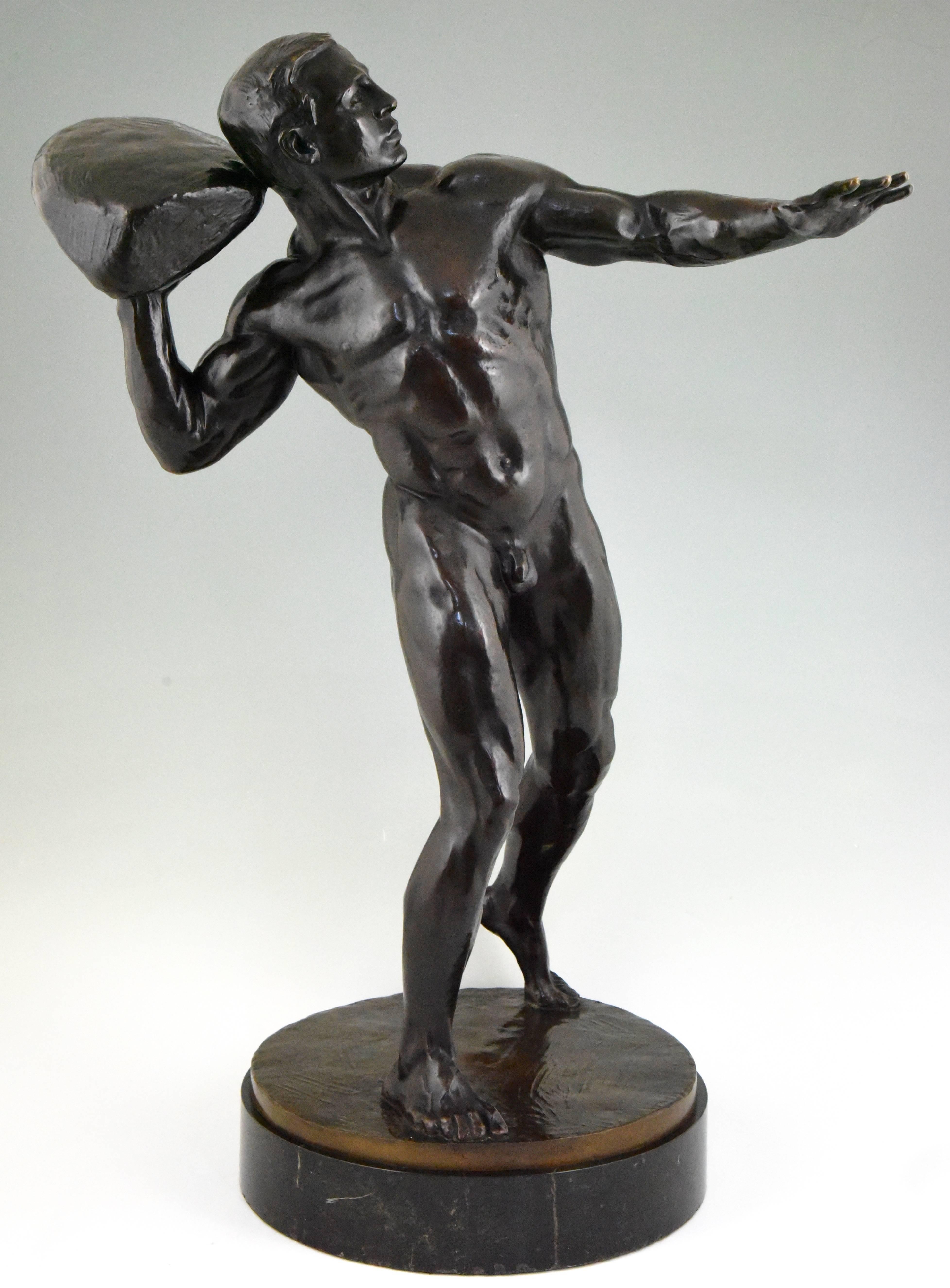 20th Century Antique Bronze Sculpture Male Nude with Stone Hugo Siegwart H. 36 inch For Sale