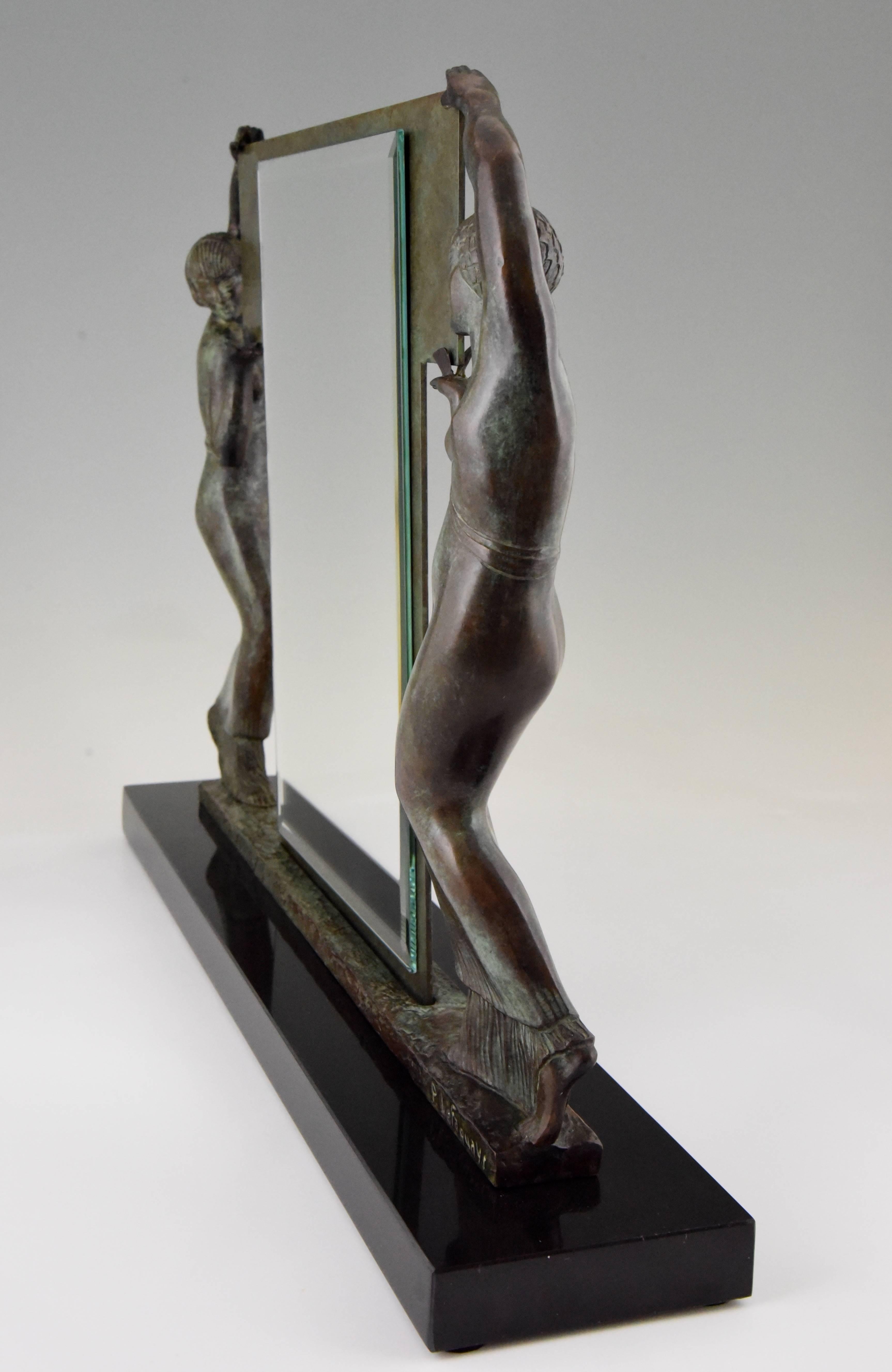 Art Deco Bronze Figural Mirror Sculpture with Two Ladies Pierre Le Faguays, 1930 1