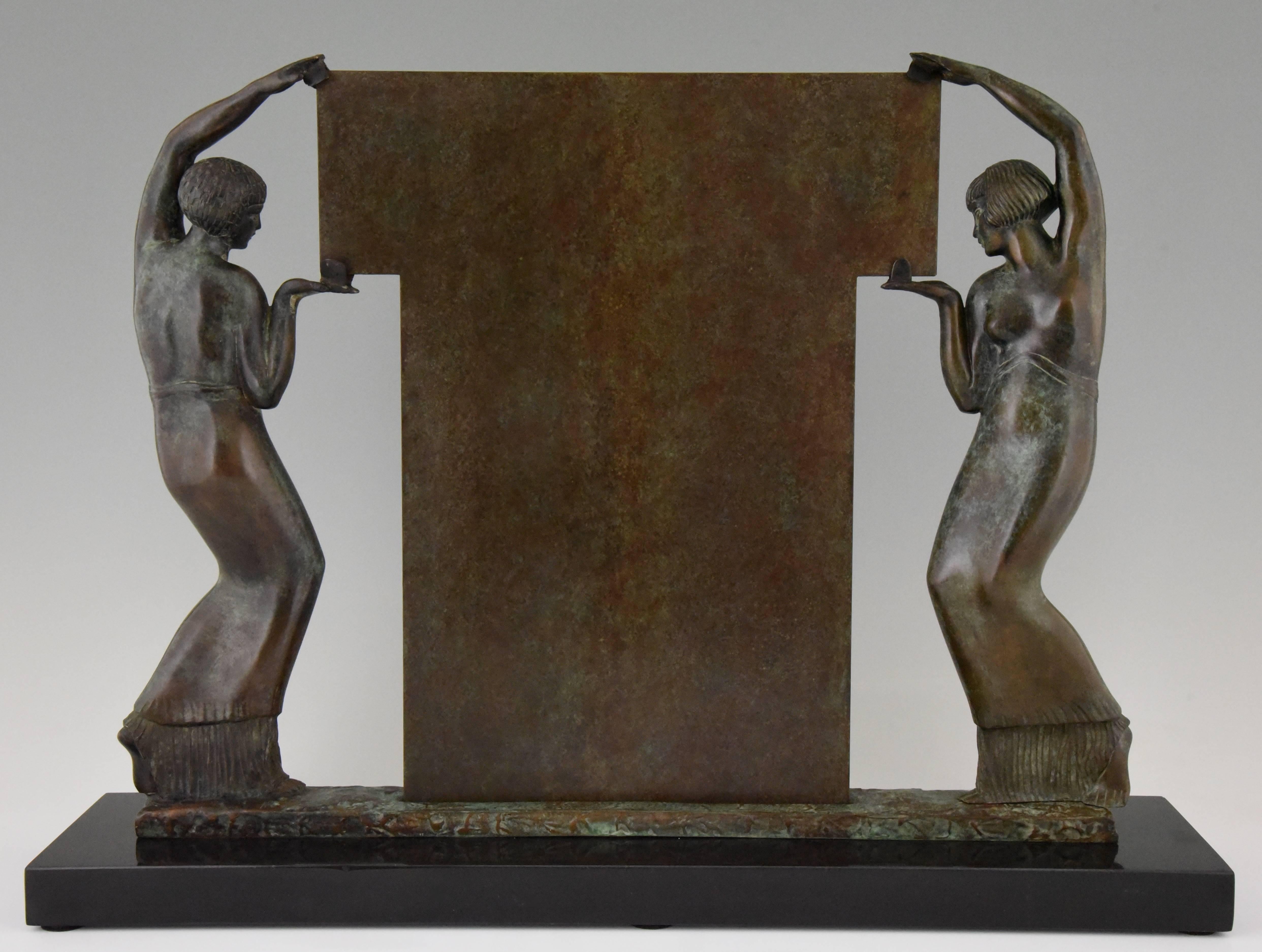 20th Century Art Deco Bronze Figural Mirror Sculpture with Two Ladies Pierre Le Faguays, 1930