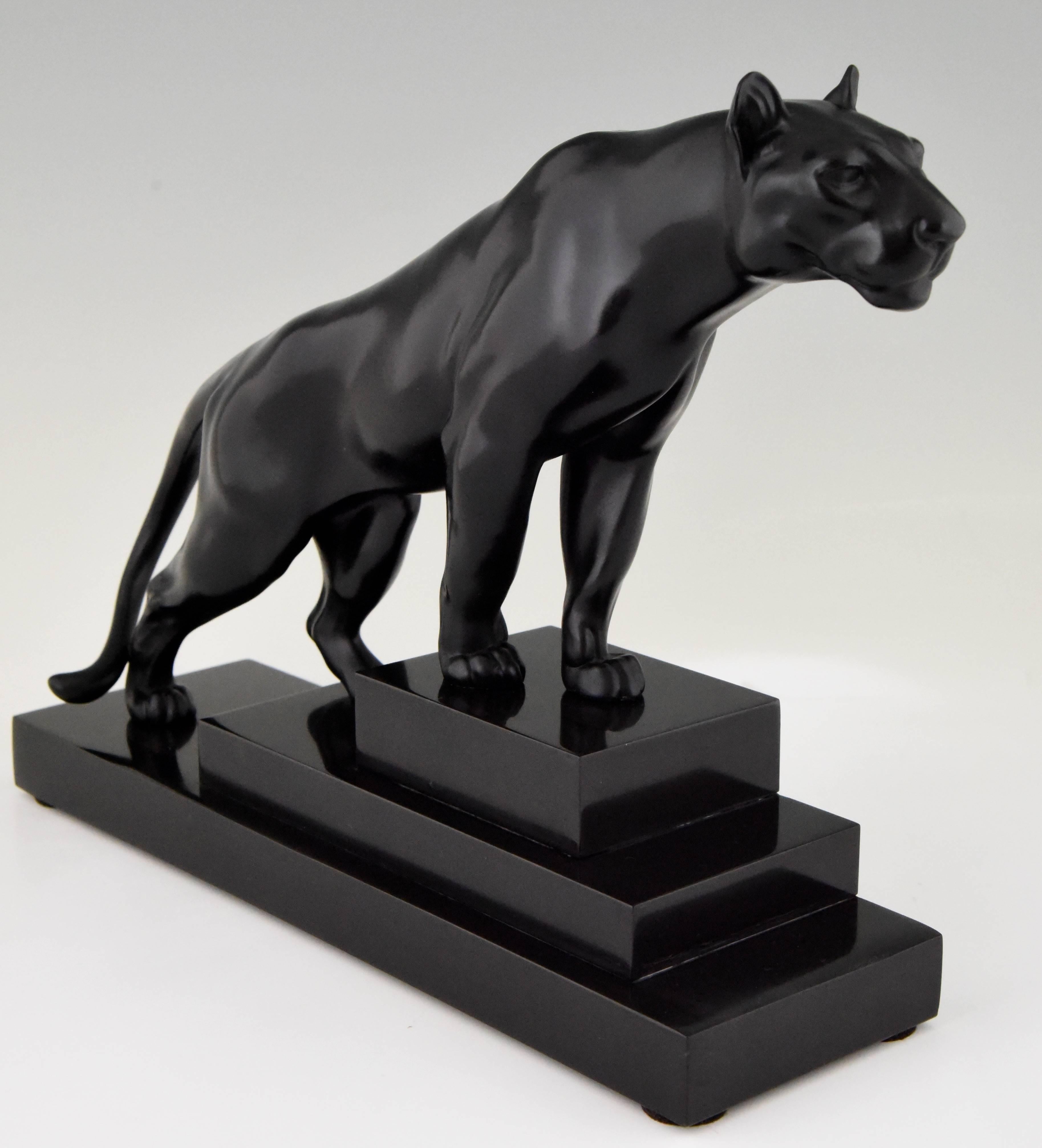 French Art Deco Sculpture of a Panther on a Stepped Marble Base Max Le Verrier, 1930