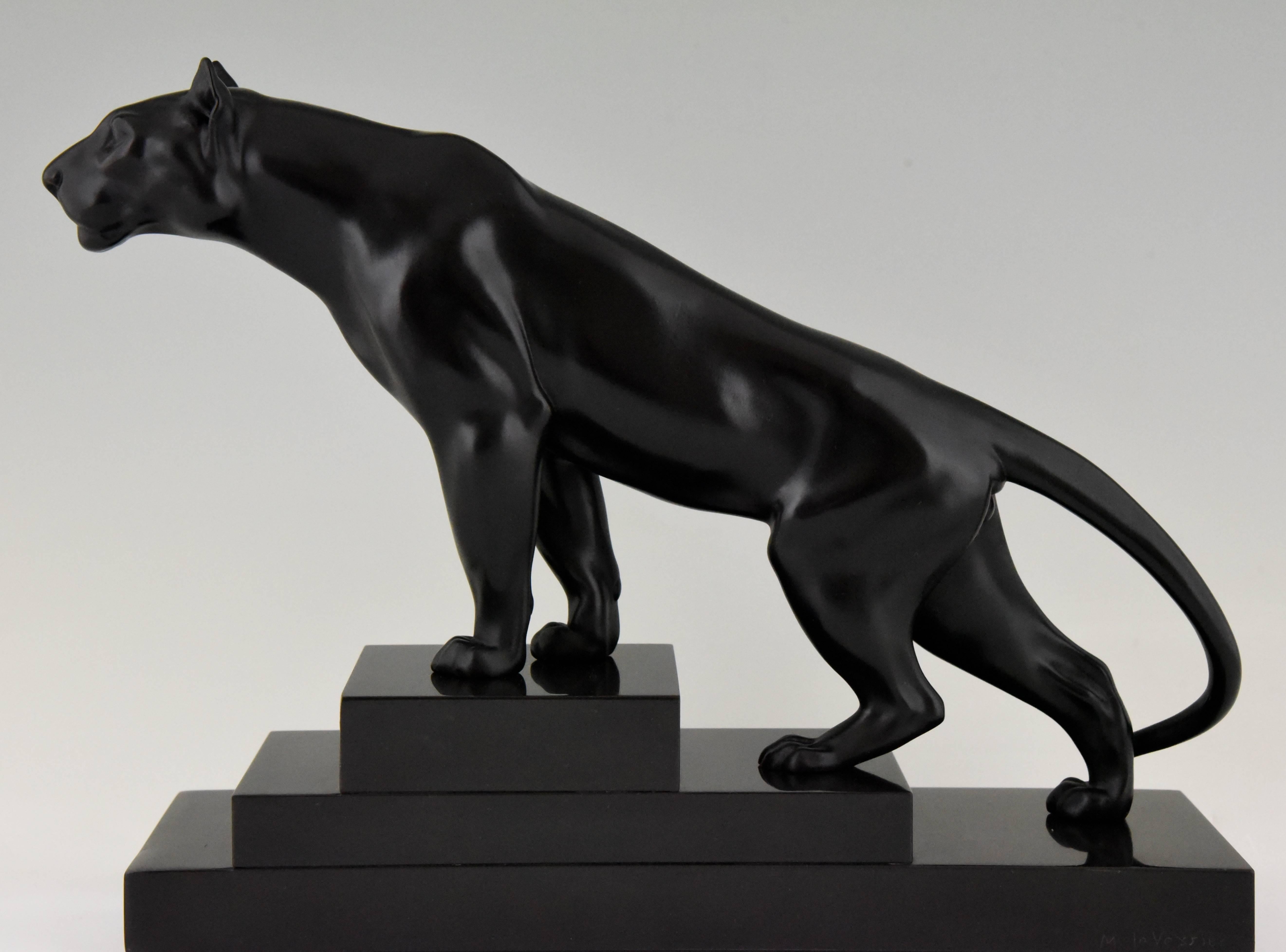 20th Century Art Deco Sculpture of a Panther on a Stepped Marble Base Max Le Verrier, 1930