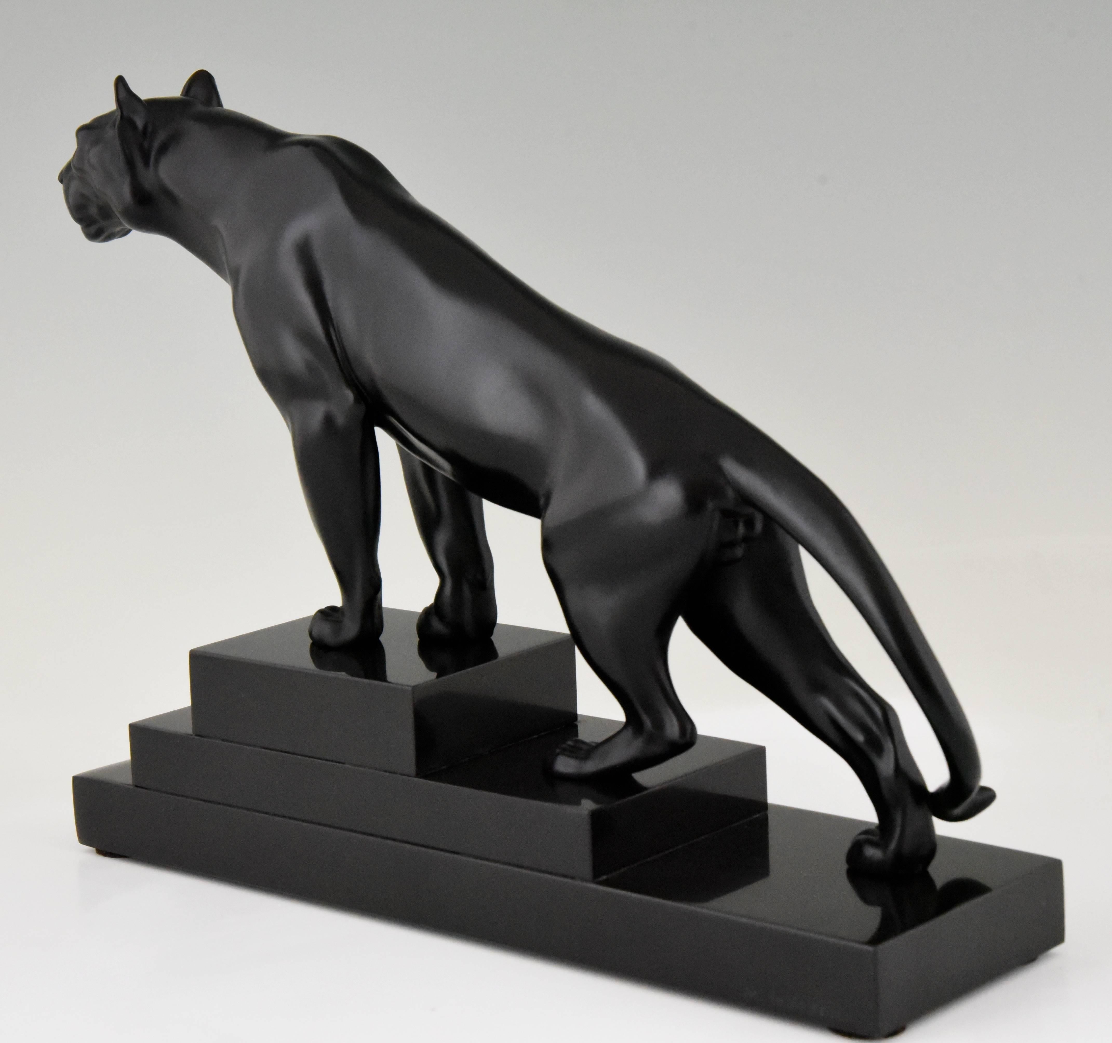 Metal Art Deco Sculpture of a Panther on a Stepped Marble Base Max Le Verrier, 1930