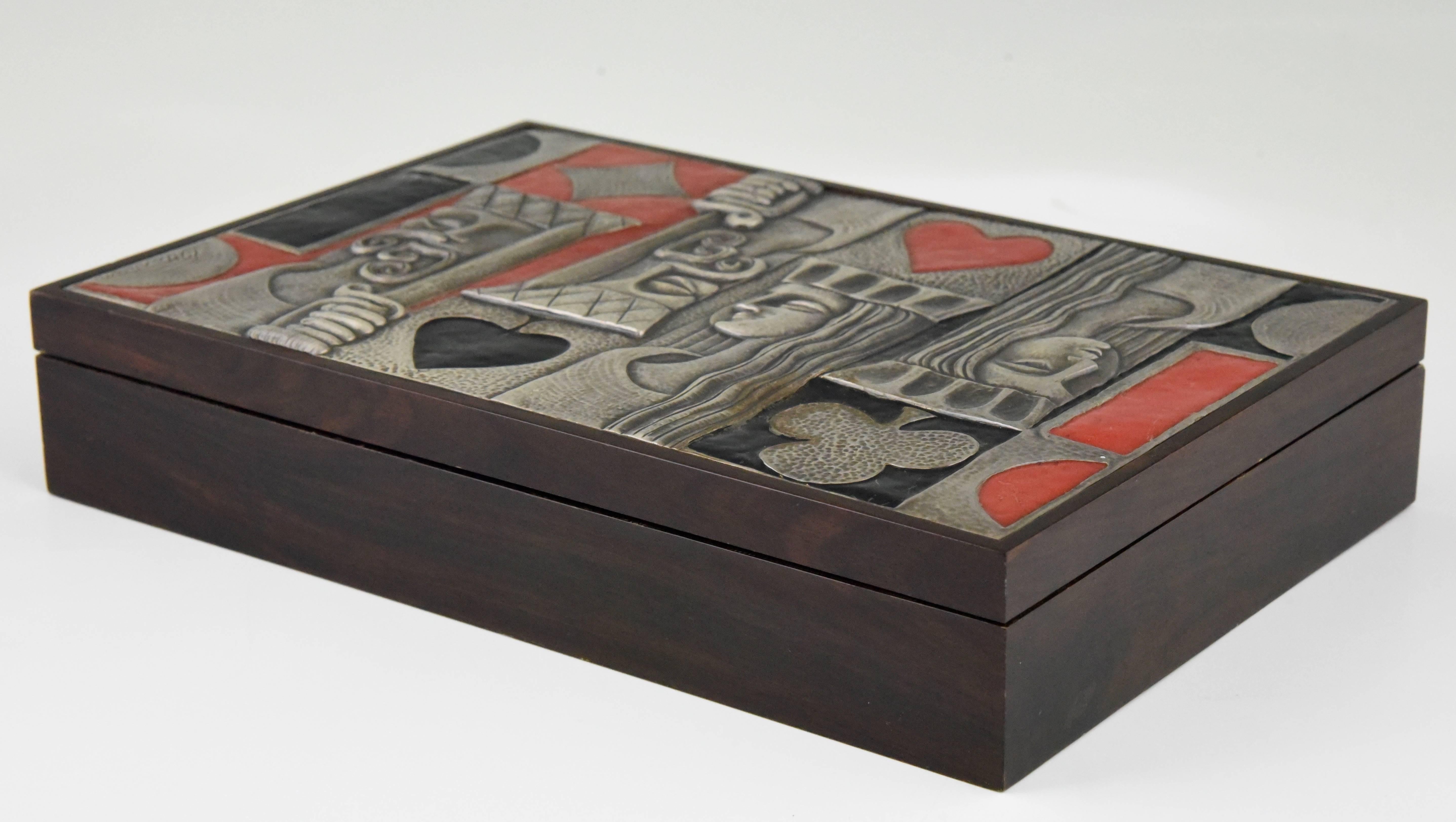 Mid-Century Modern Ottaviani Card Playing Box 1960 Sterling Silver, Enamel and Wood Italy