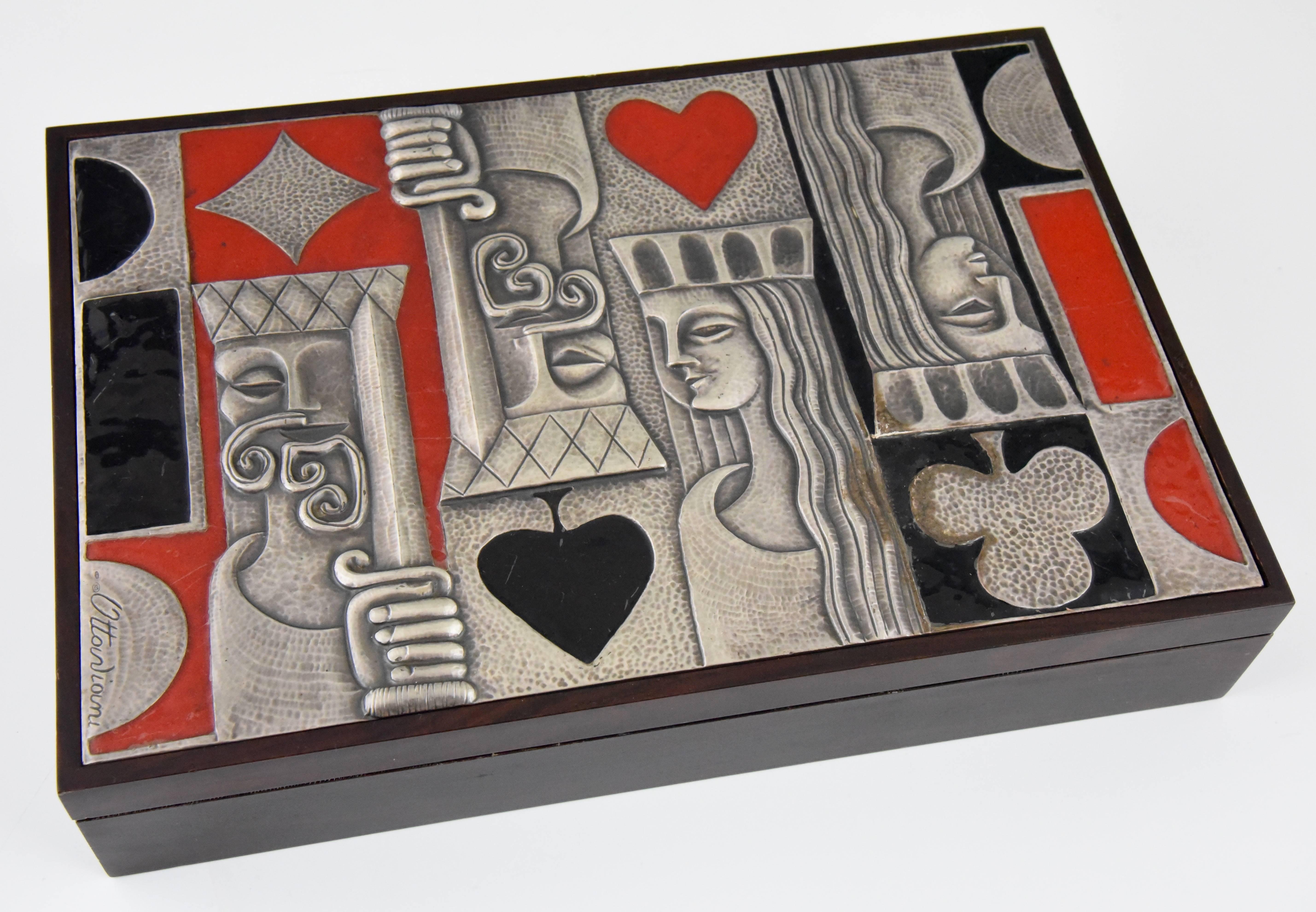 Wooden game box with enameled sterling silver top including game items by Ottaviani (1945) a jewelry and silver firm located in the small seaside town of Recanati, Italy. They had a particularly inventive period from the mid-1950s until circa 1970