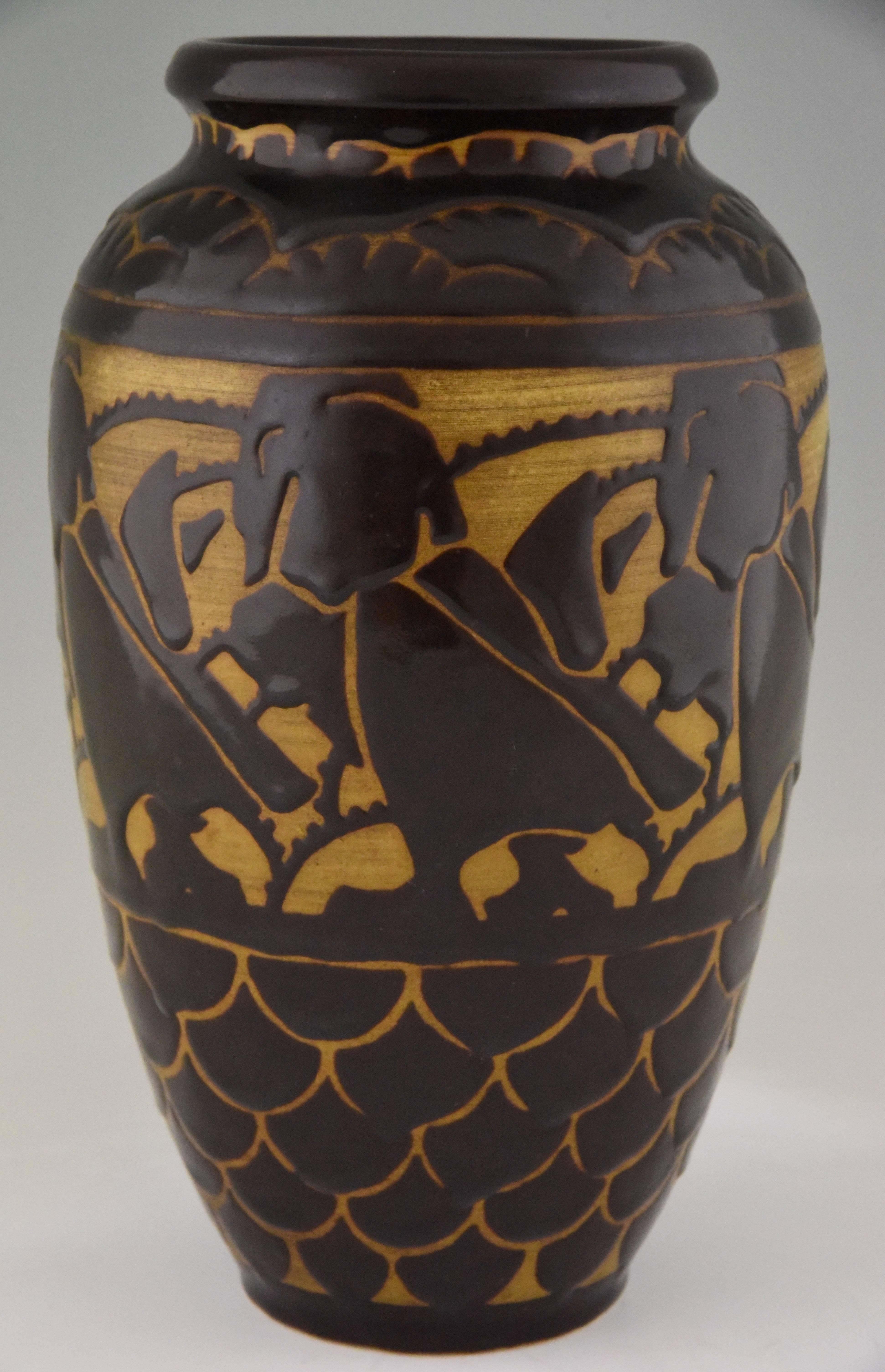 Belgian Art Deco Ceramic Vase with Birds Charles Catteau for Keramis Belgium, 1925