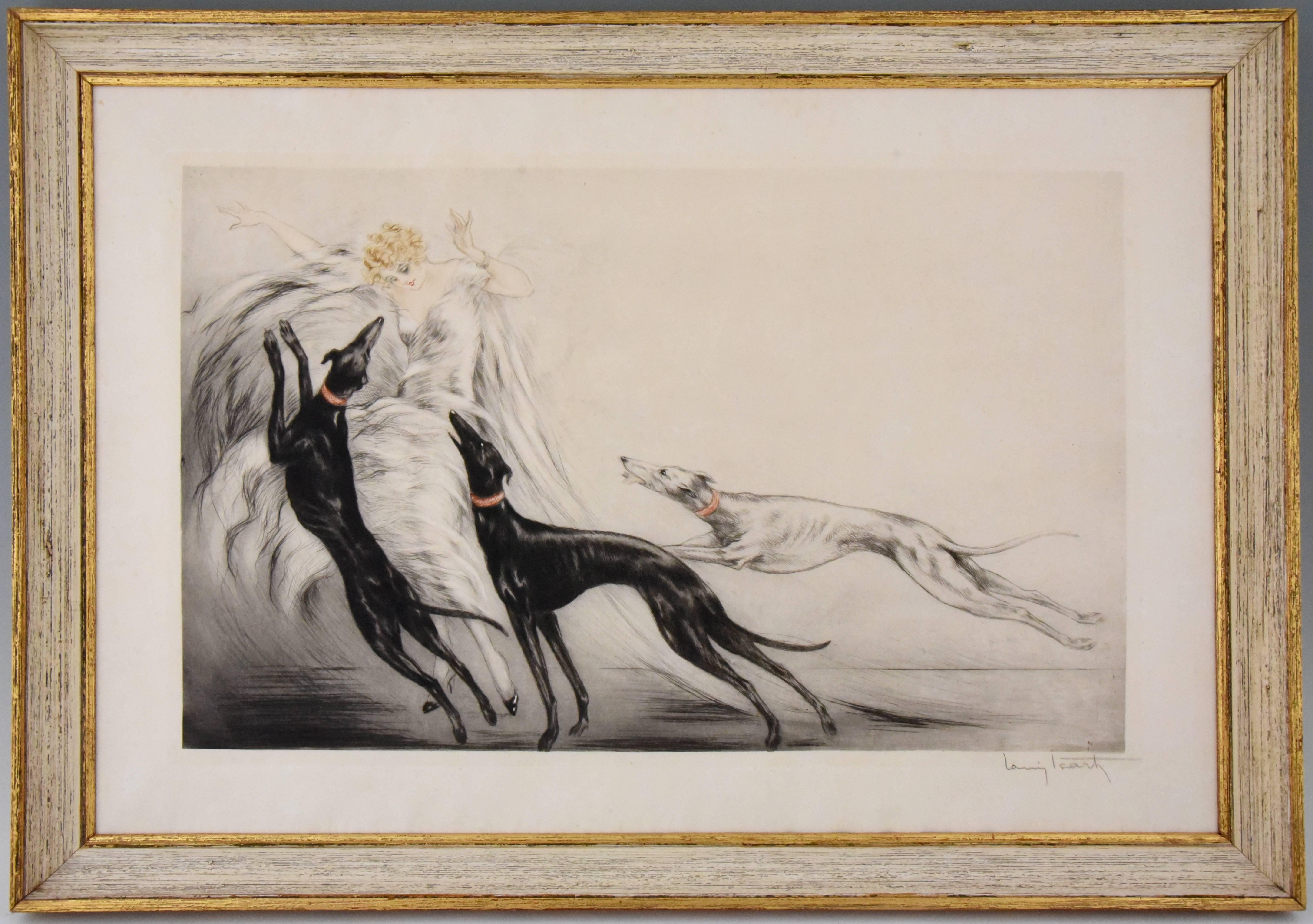 Original 1929 Art Deco etching of an elegant lady with her grey hound dogs, signed by Louis Icart with wind mill stamp. 

Material: Etching, drypoint and aquatint, printed with color and hand color. Framed.
Origin: France
Size: H. 58 cm. x L. 83