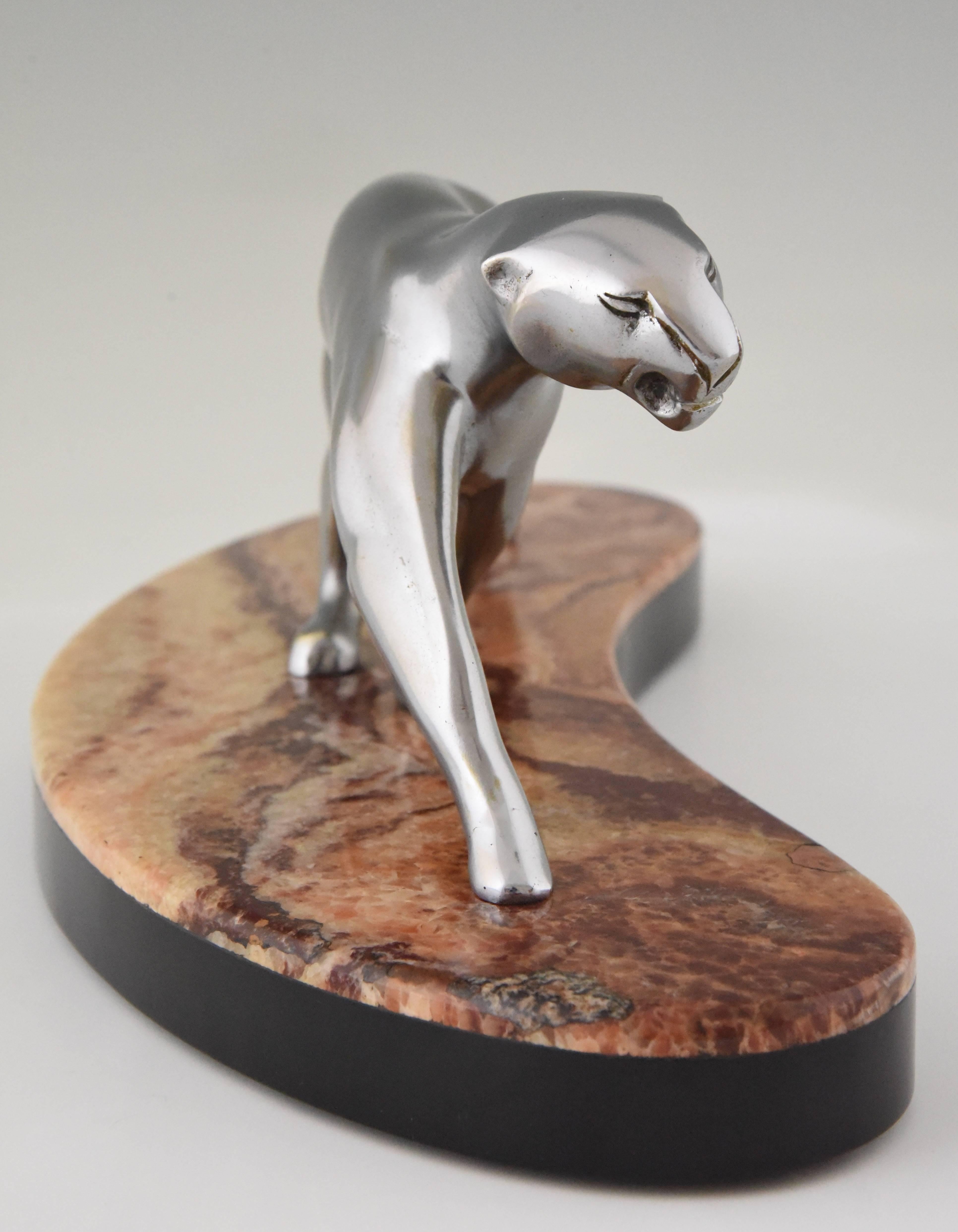 French Art Deco Nickel-Plated Bronze Panther Marble Base by Michel Decoux, France, 1930