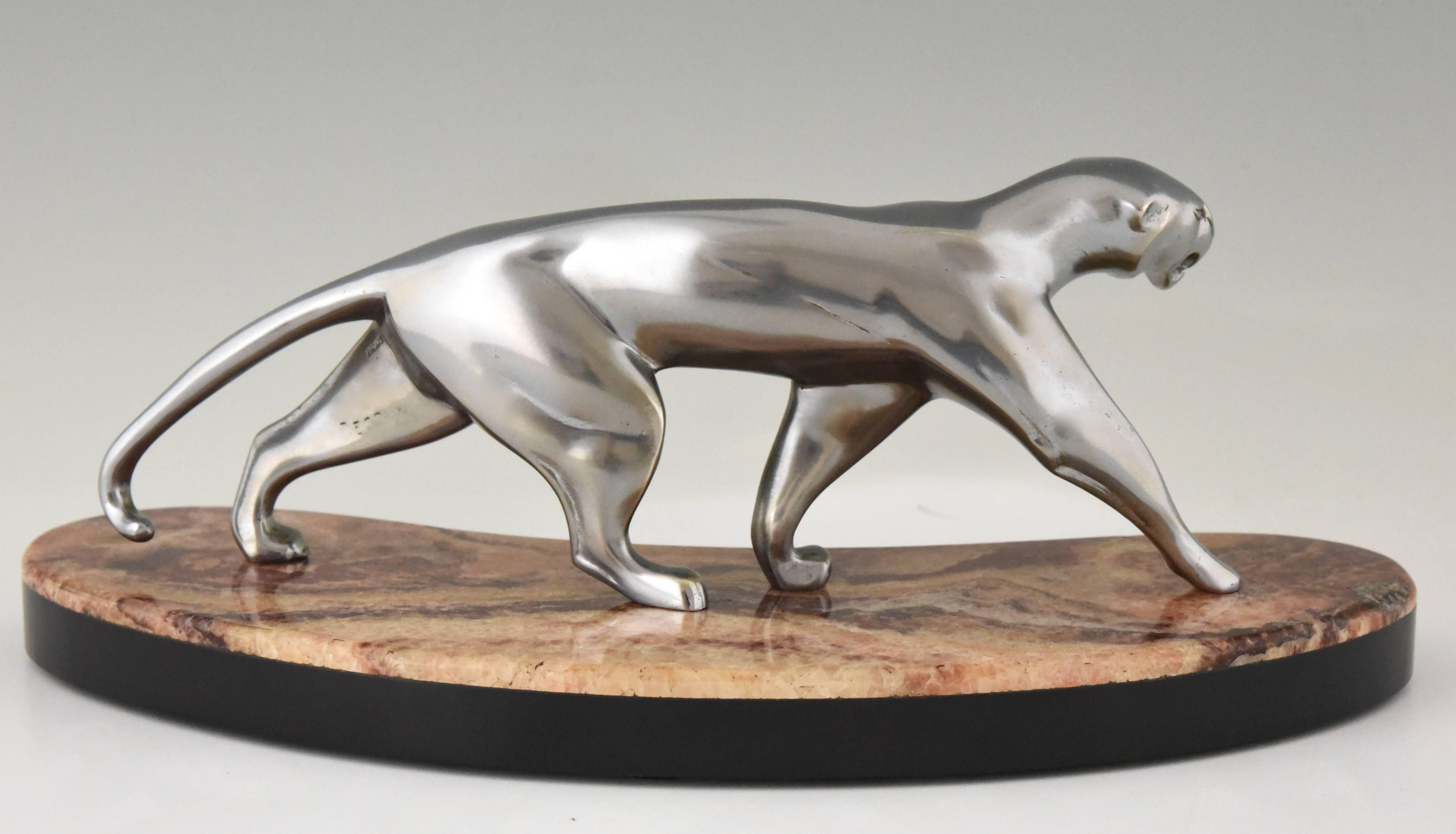 Art Deco Nickel-Plated Bronze Panther Marble Base by Michel Decoux, France, 1930 In Good Condition In Antwerp, BE