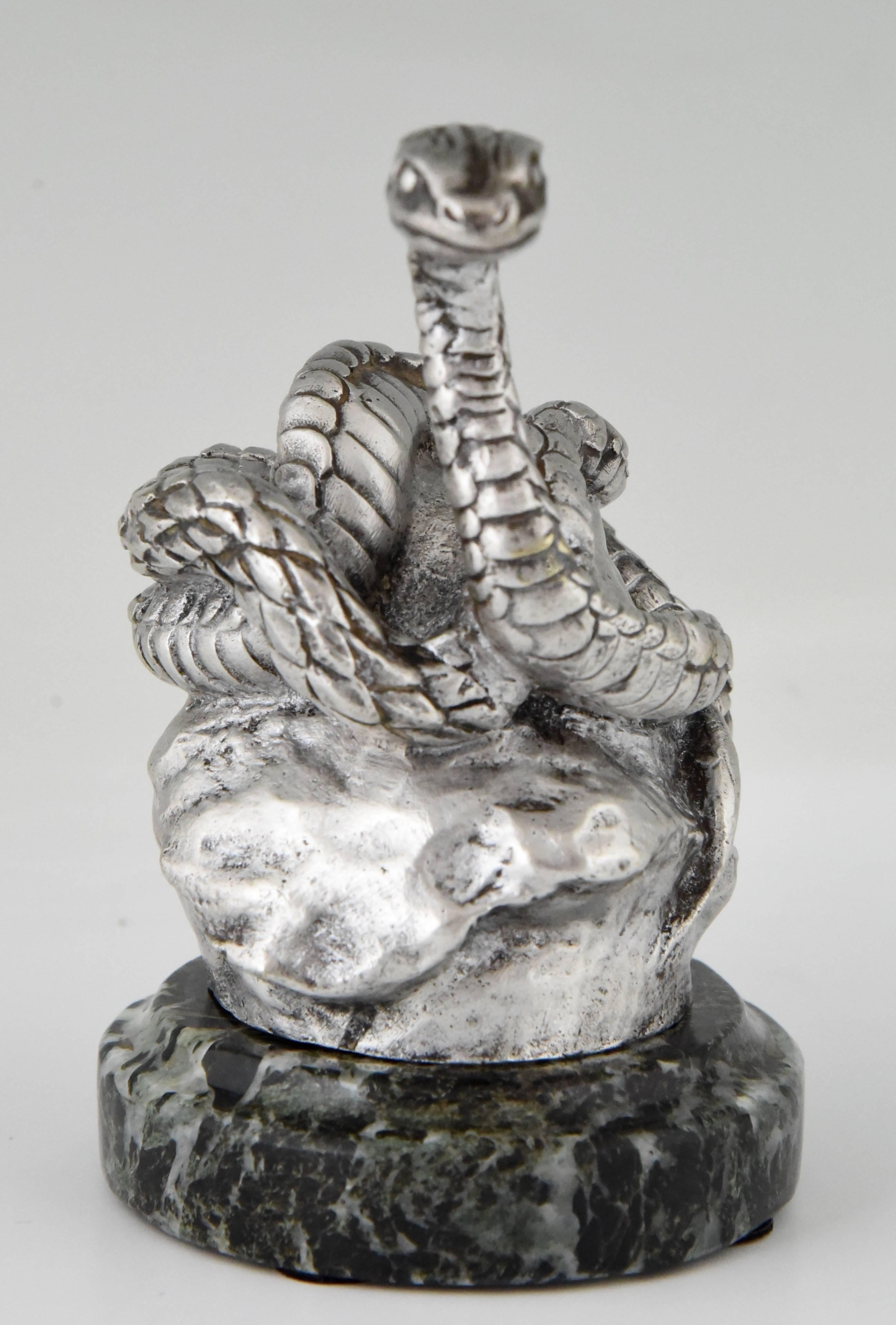 Snake Silvered Bronze Car Mascot by Antoine Bofill, France, 1910 In Good Condition In Antwerp, BE