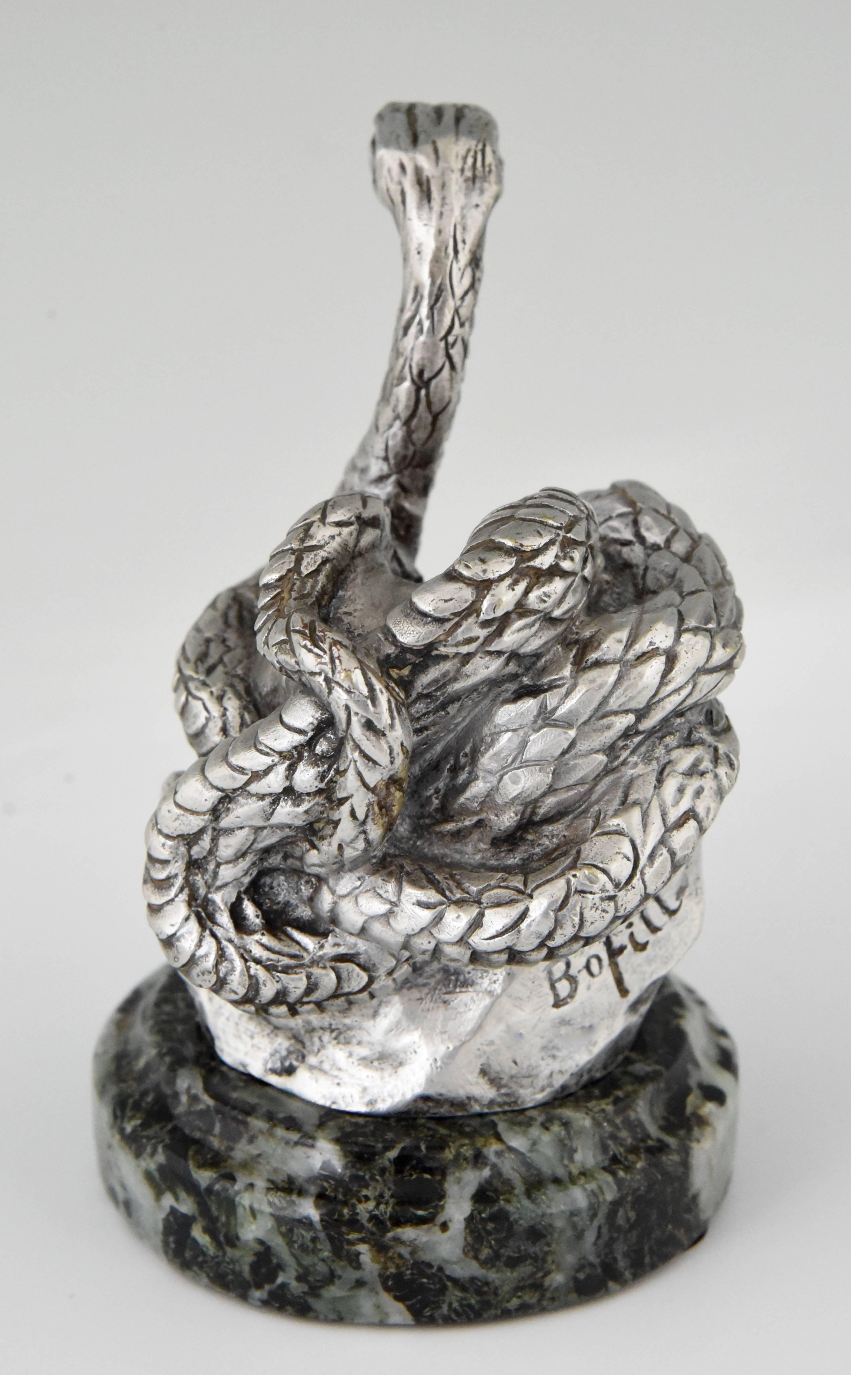 Art Nouveau Snake Silvered Bronze Car Mascot by Antoine Bofill, France, 1910