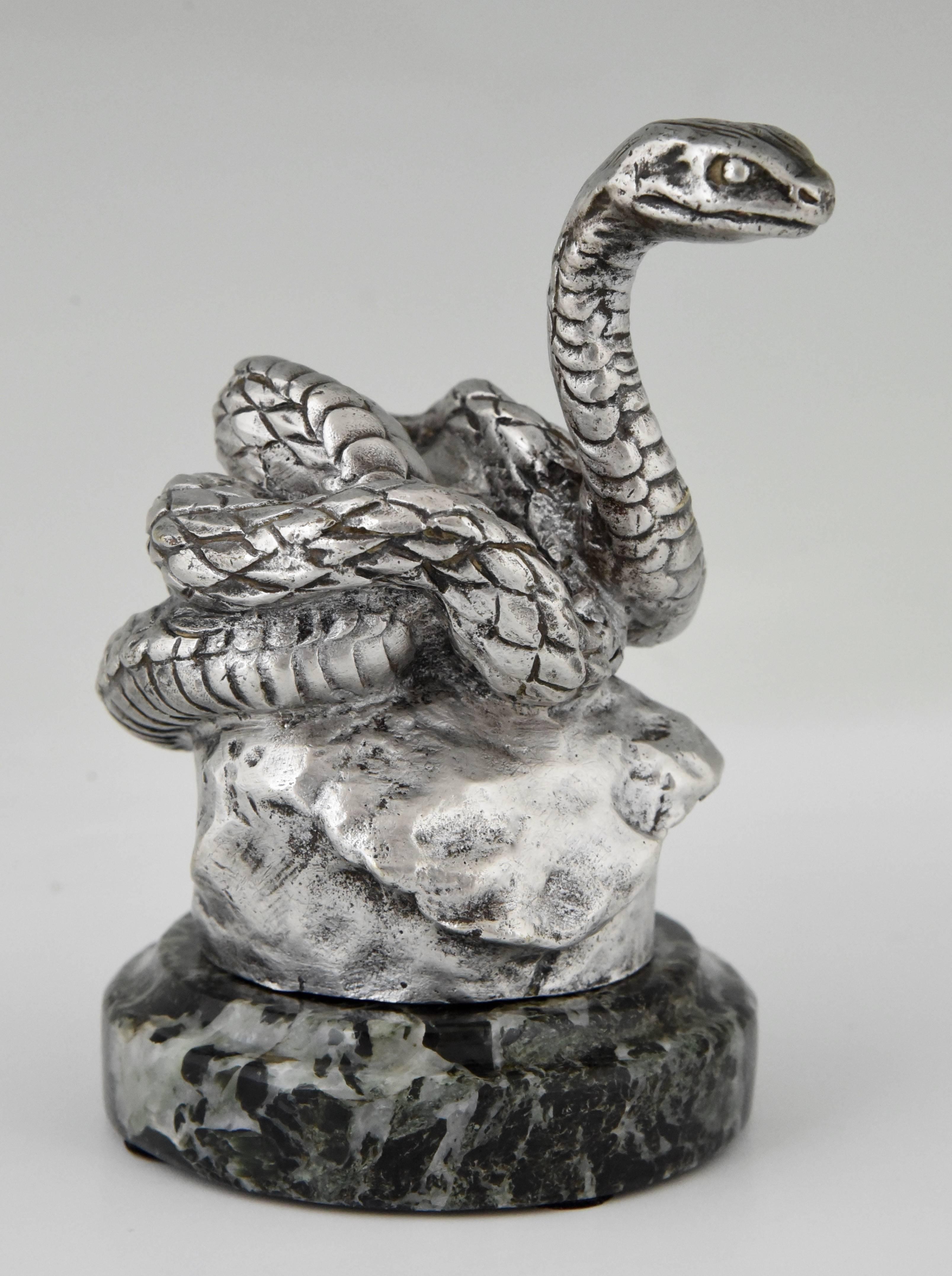 French Snake Silvered Bronze Car Mascot by Antoine Bofill, France, 1910