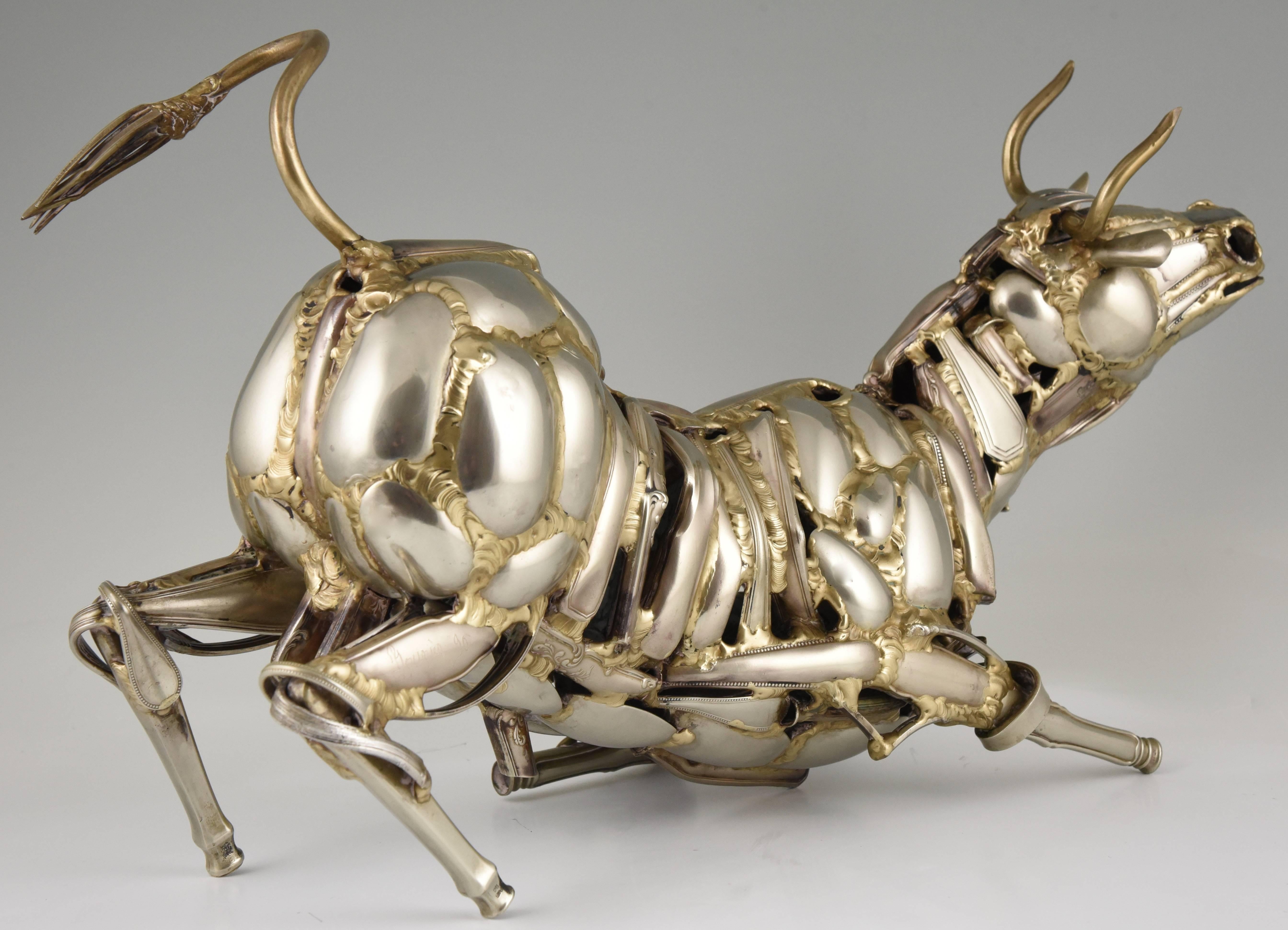 Metal The bull, large cutlery sculpture by Gerard Bouvier signed and dated 1990