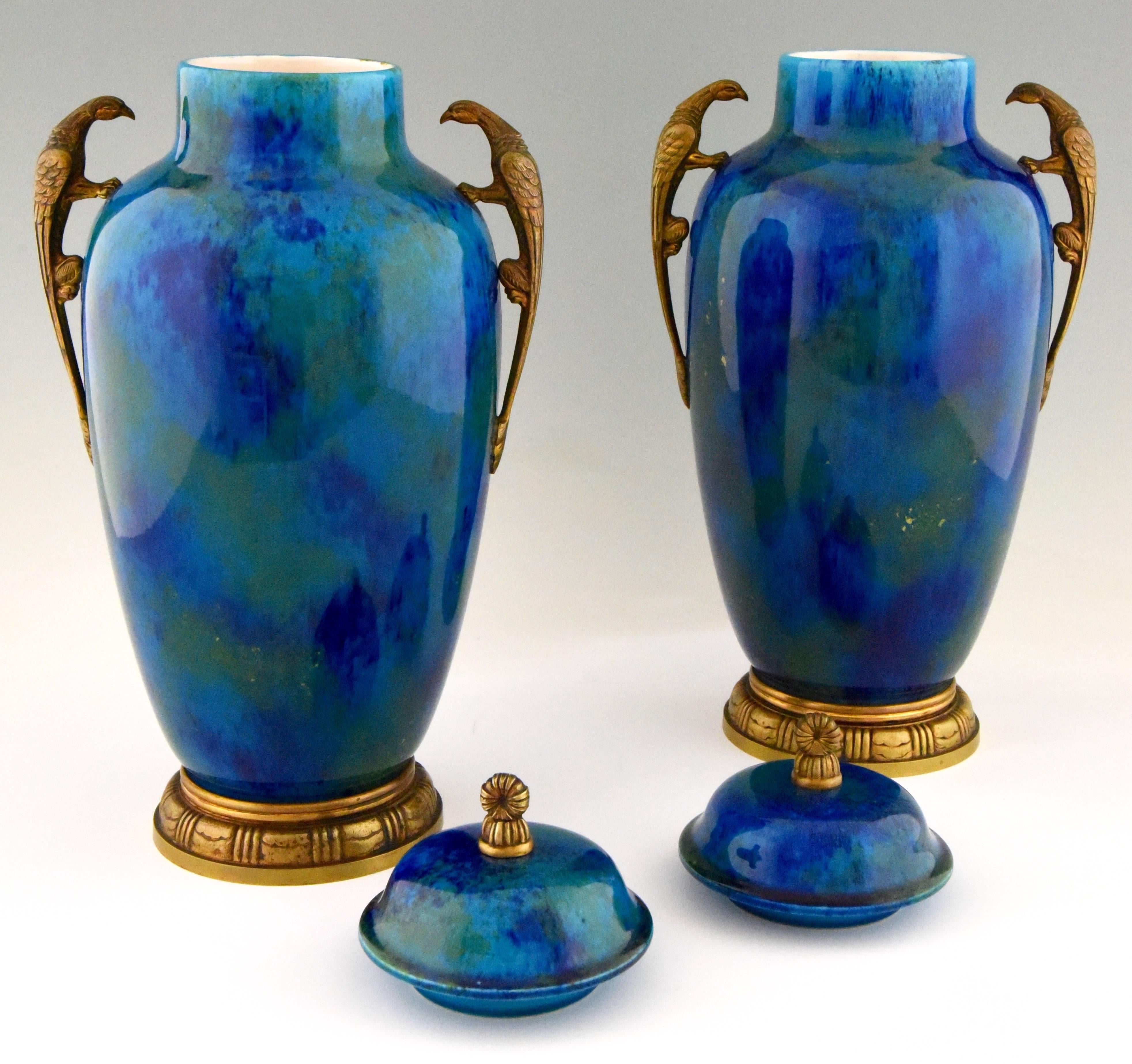 Pair of Art Deco Blue Ceramic and Bronze Vases Paul Milet for Sèvres France 1925 In Good Condition In Antwerp, BE