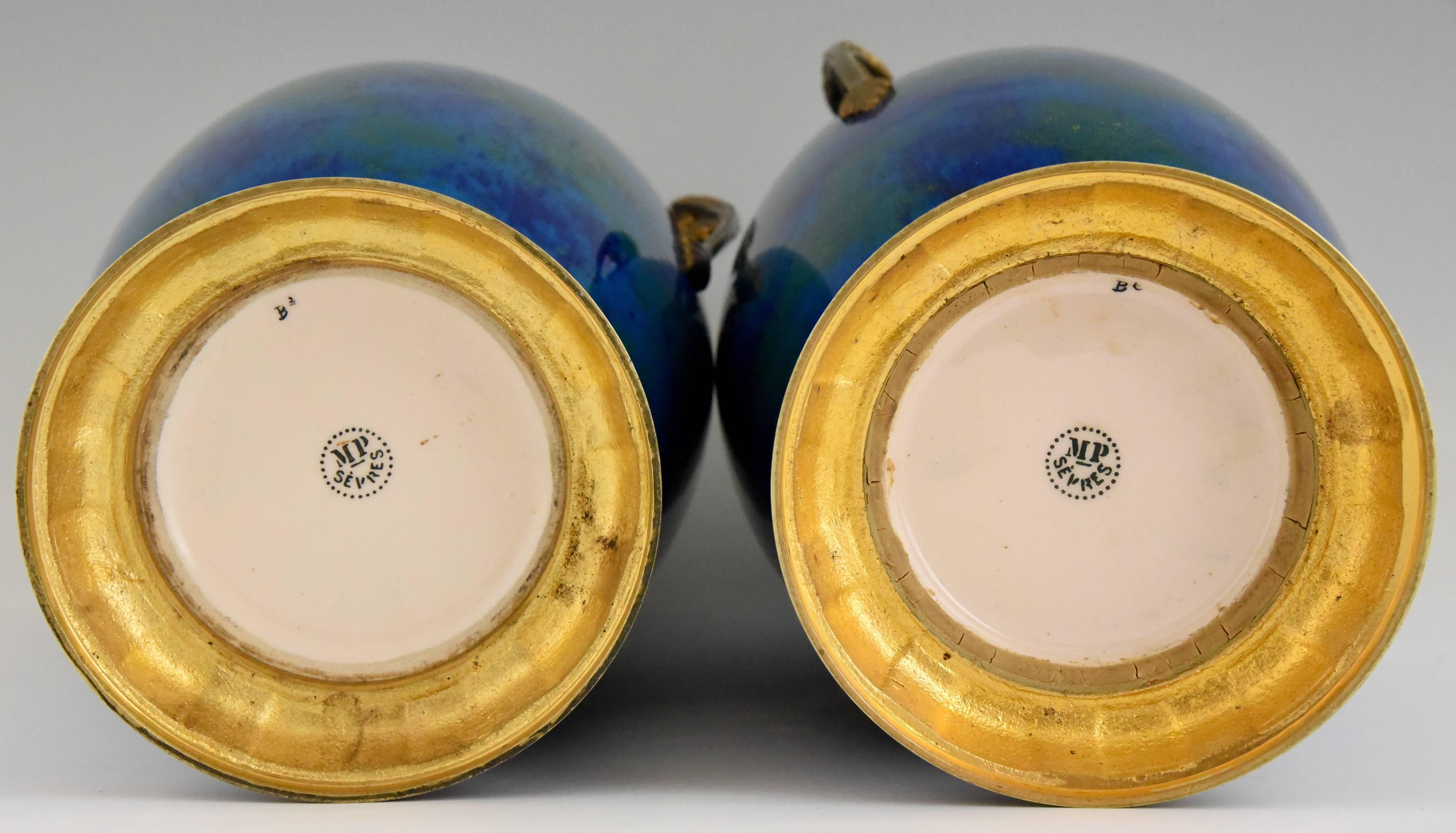 Pair of Art Deco Blue Ceramic and Bronze Vases Paul Milet for Sèvres France 1925 1