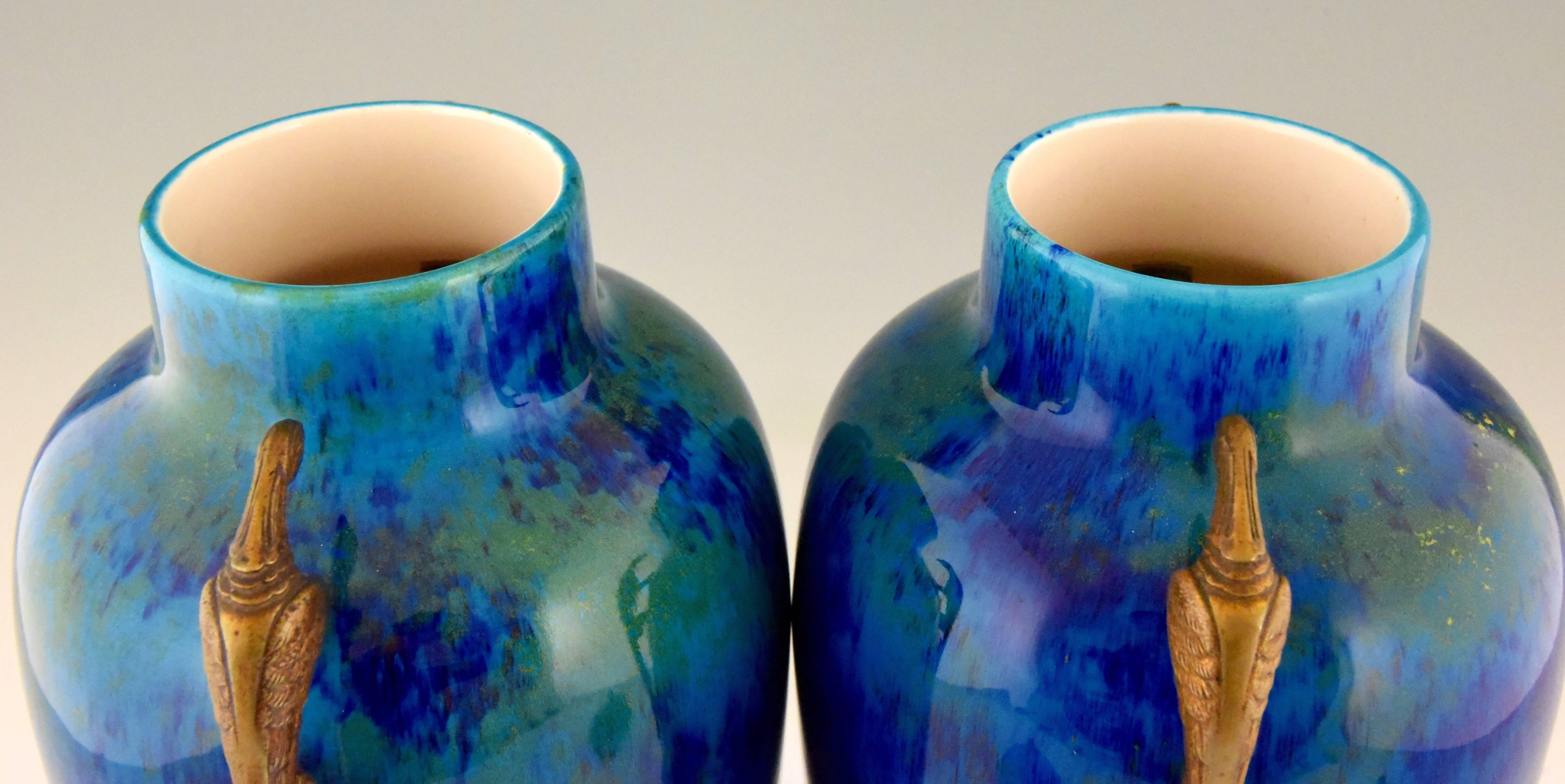 Pair of Art Deco Blue Ceramic and Bronze Vases Paul Milet for Sèvres France 1925 3