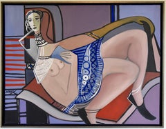 Pintura Desnudo con falda azul sosteniendo una carta azul Dominique Péry 2010 Francia