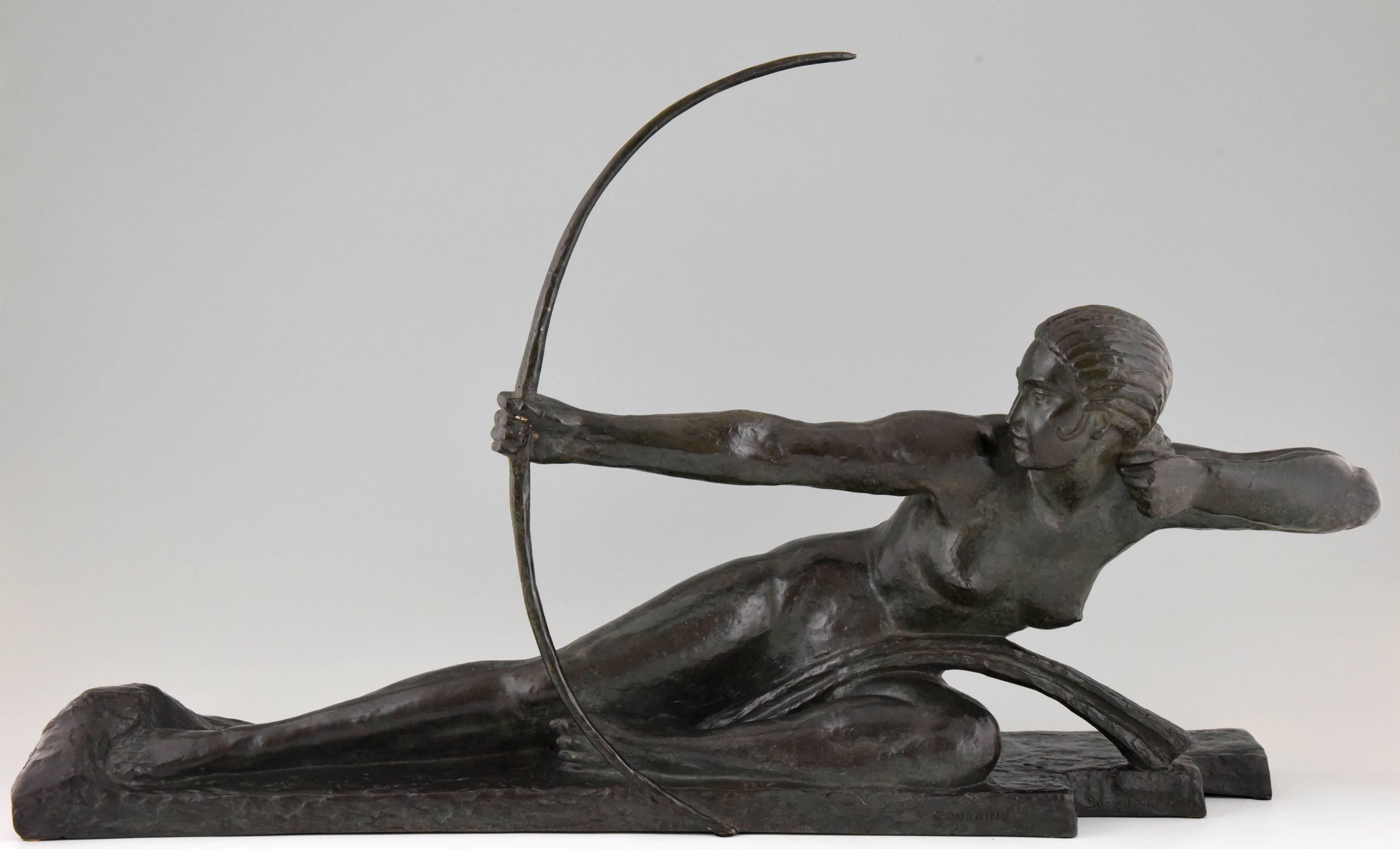 Penthesilea, Queen of the Amazons. 
Art Deco bronze by Marcel André Bouraine, 1886-1948. 
Signature & Marks:  Bouraine.  Susse Frères ed. Paris written in full and seal.  Cire perdue. 
Style:  Art Deco.		
Date:  Ca. 1925/1930
Material: Very