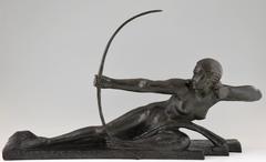French Art Deco Bronze sculpture nude female archer by Bouraine 1930