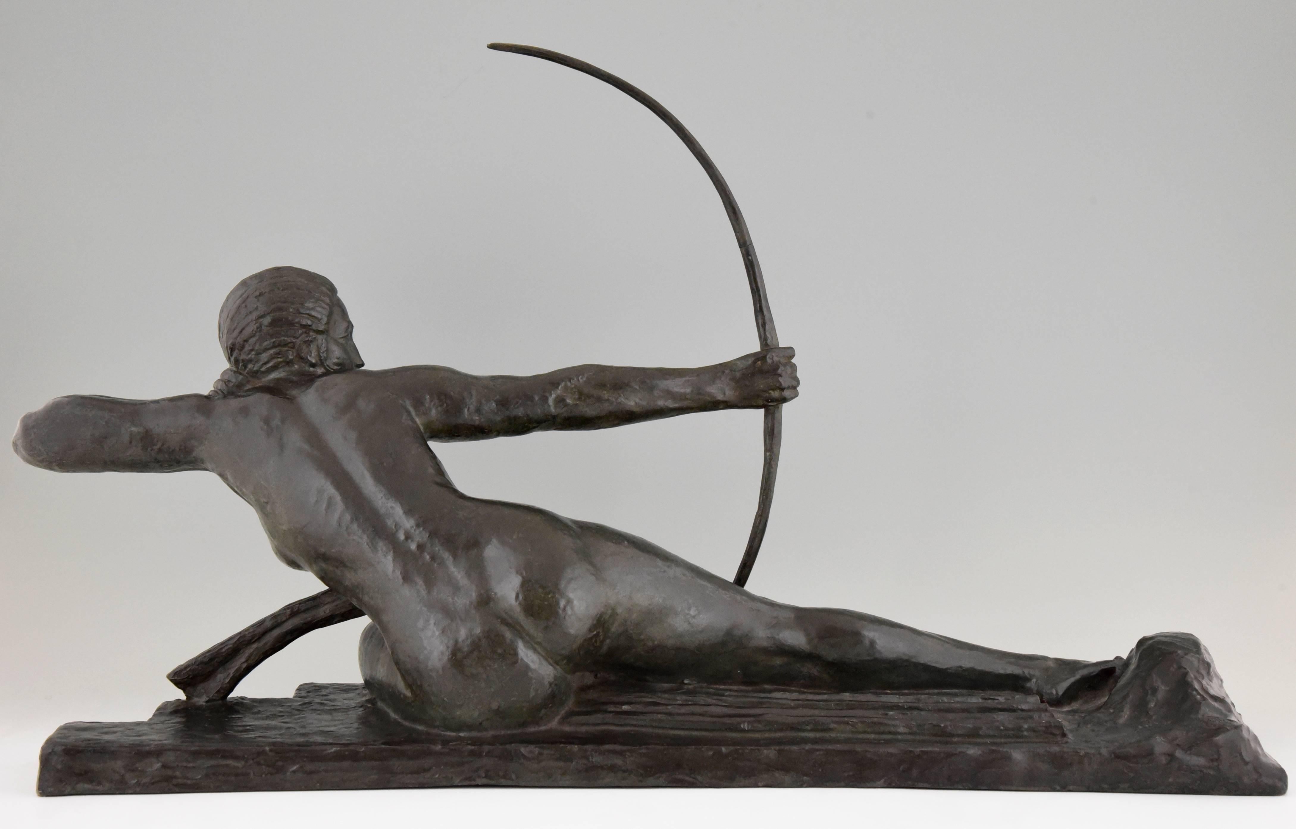 Patinated French Art Deco Bronze sculpture nude female archer by Bouraine 1930