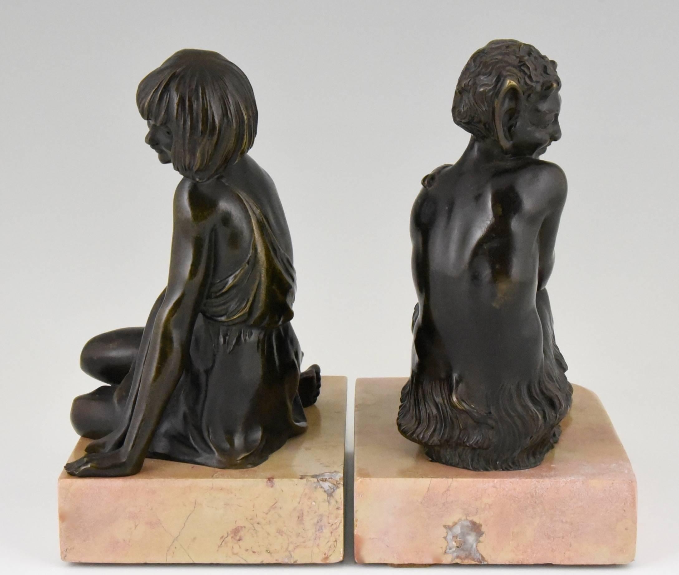 Patinated Art Deco Bronze Bookends Satyr and girl by Pierre Le Faguays, 1930 France