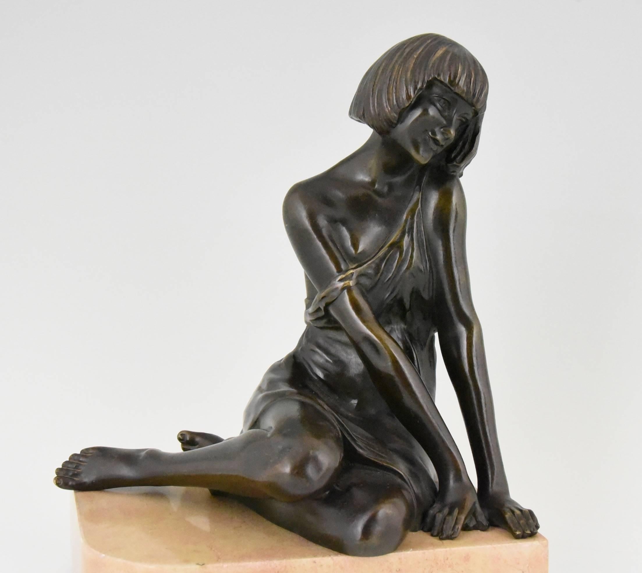 Art Deco Bronze Buchstützen Satyr und Mädchen von Pierre Le Faguays, 1930 Frankreich (Marmor)