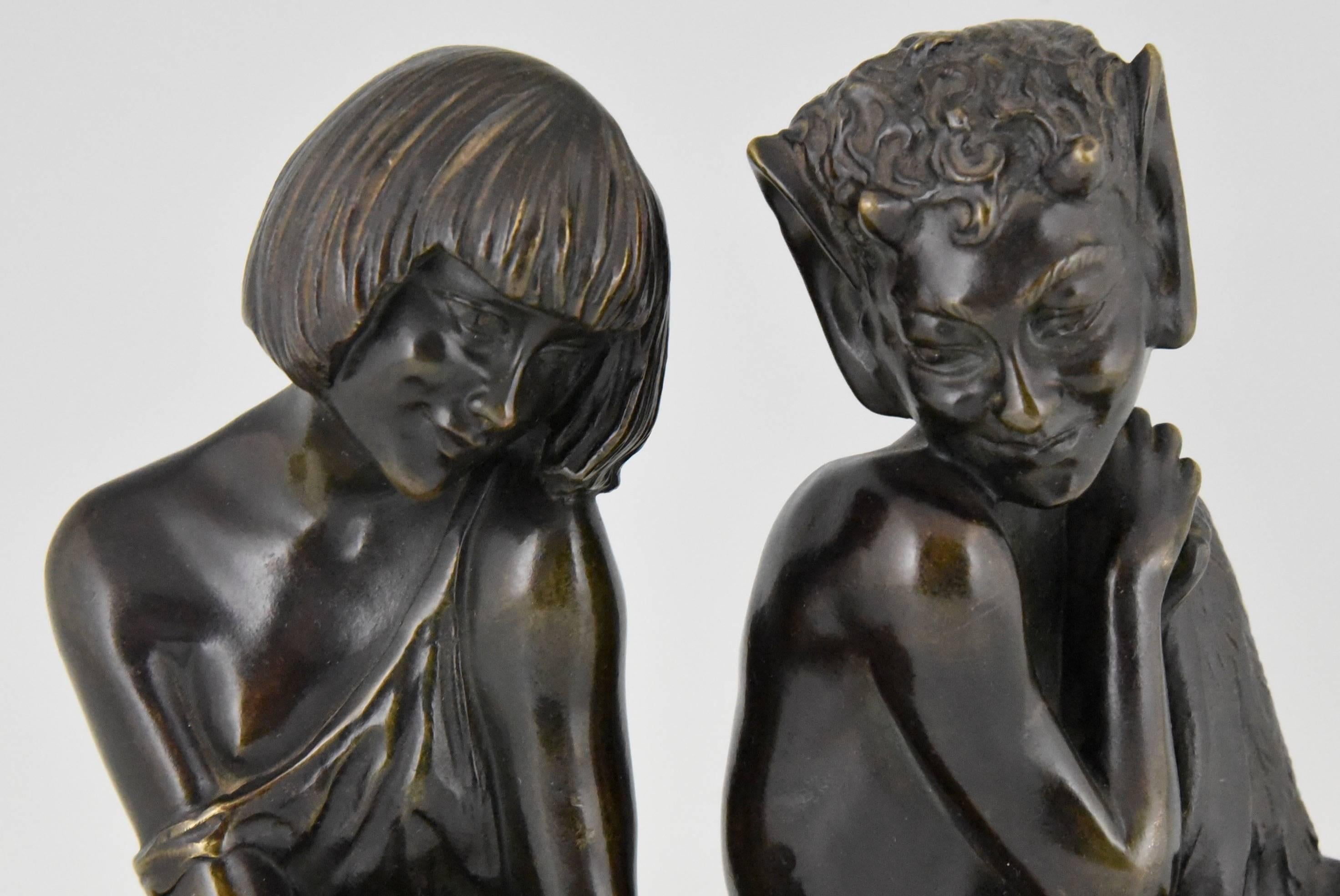 20th Century Art Deco Bronze Bookends Satyr and girl by Pierre Le Faguays, 1930 France