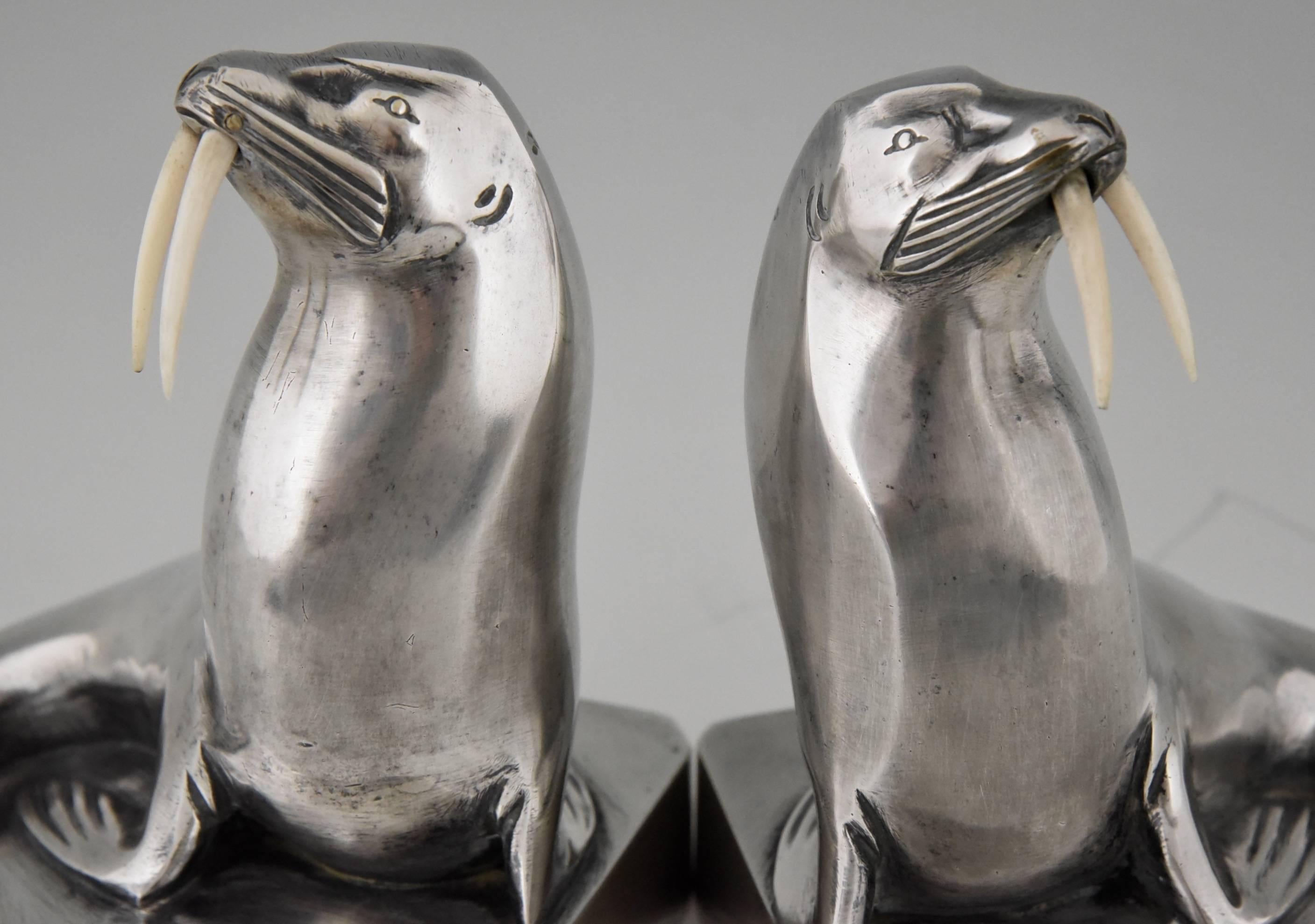 Bronze A pair of French Art Deco silvered bronze walrus bookends by G.H. Laurent 1930