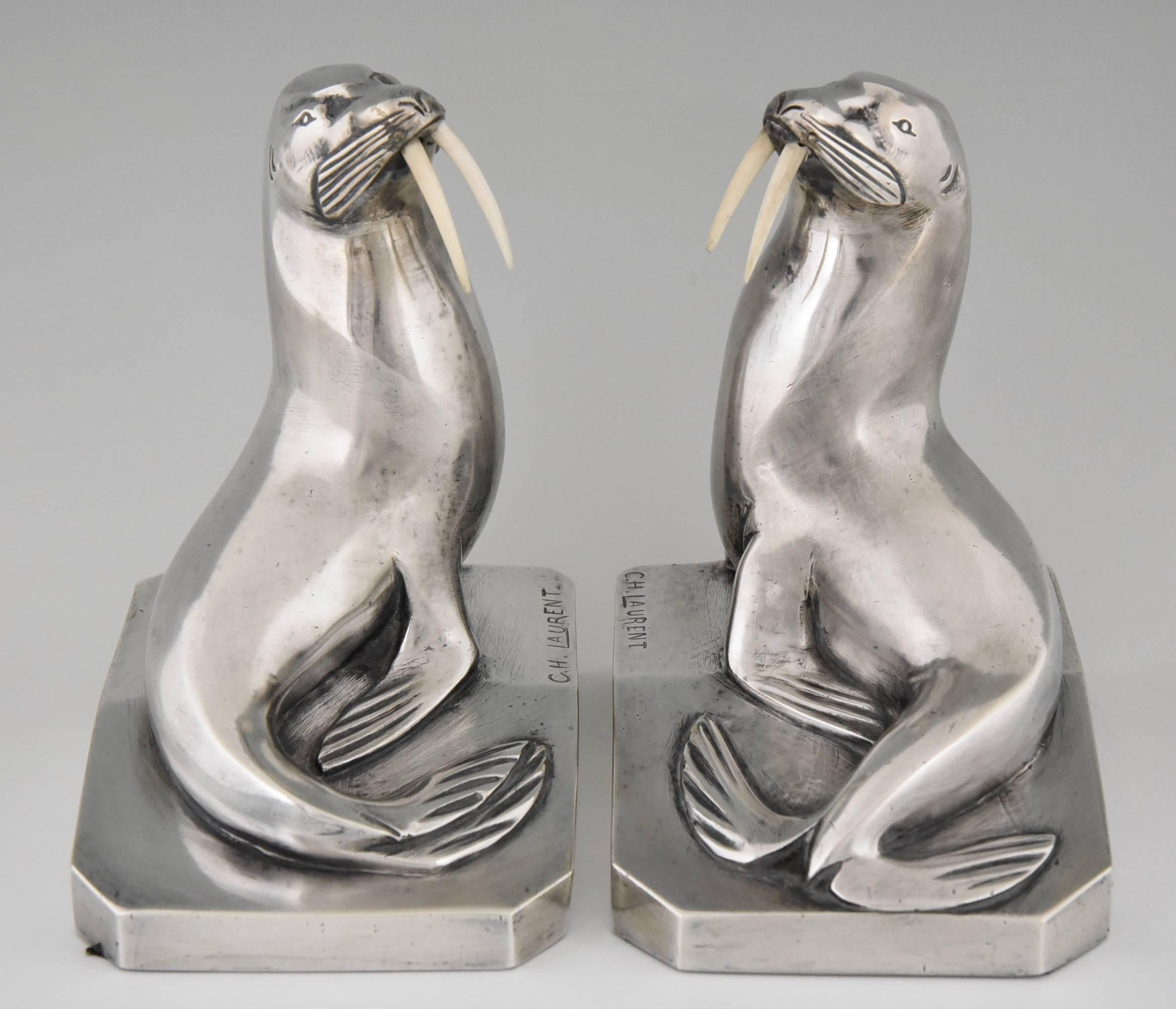 Silvered A pair of French Art Deco silvered bronze walrus bookends by G.H. Laurent 1930