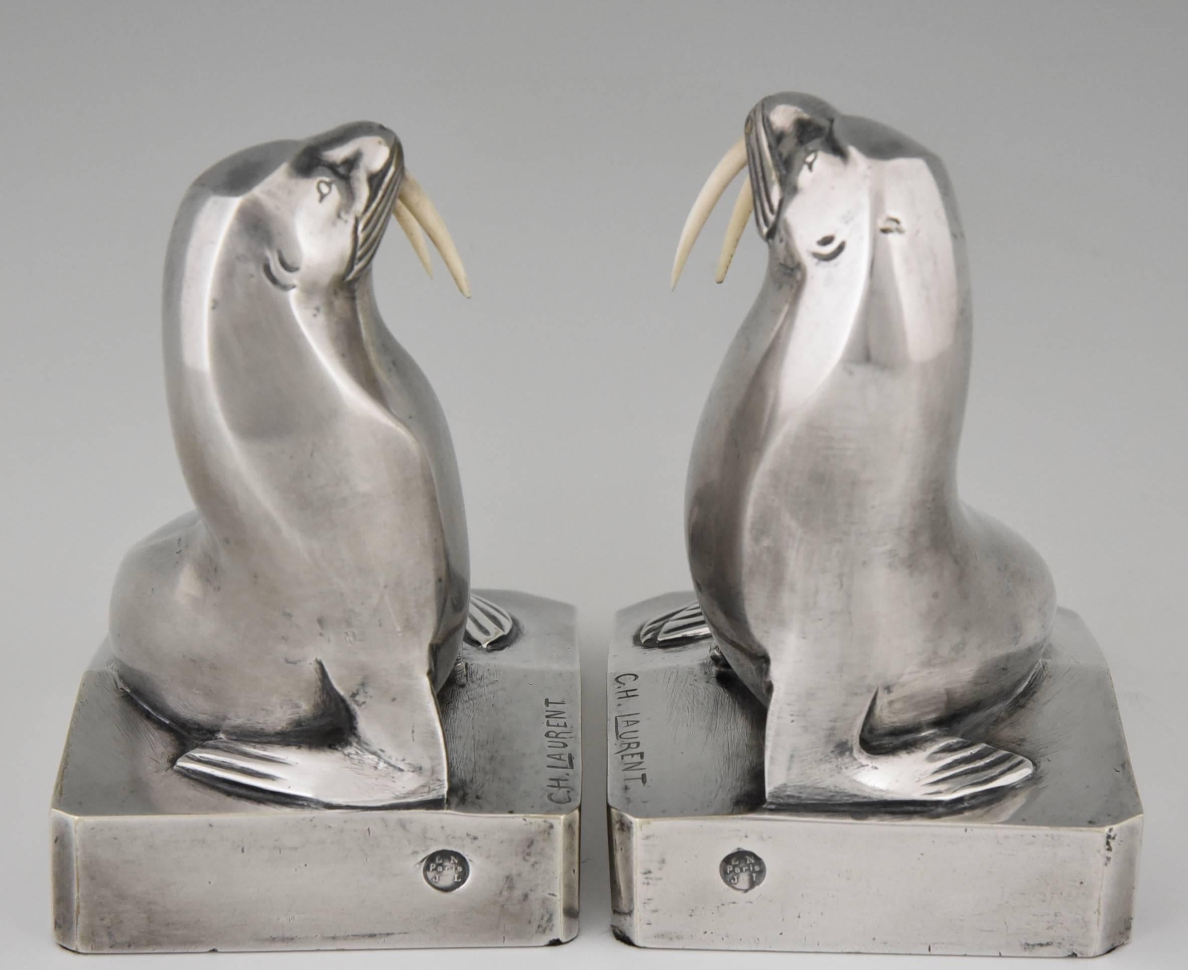 20th Century A pair of French Art Deco silvered bronze walrus bookends by G.H. Laurent 1930