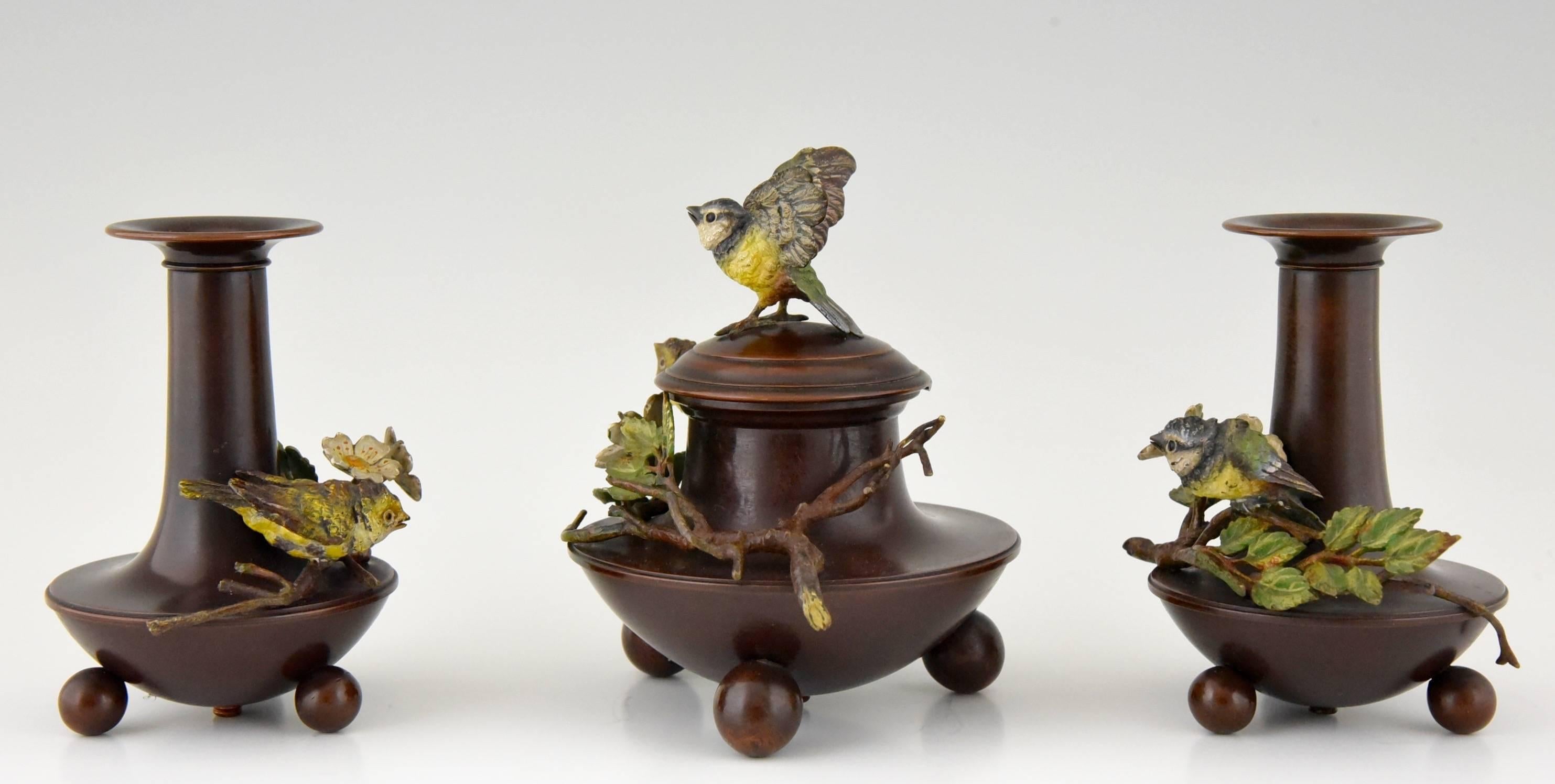 Cold-Painted Antique cold painted Vienna bronze desk set with birds, inkwell & 2 vases 1900