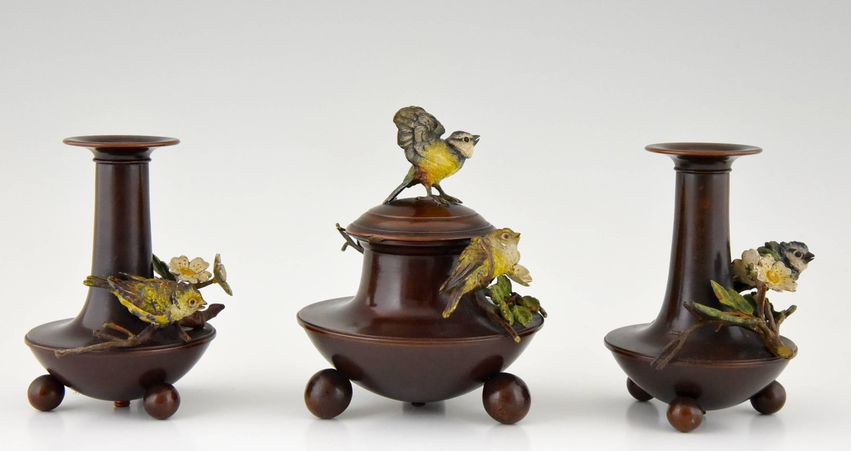 Romantic Antique cold painted Vienna bronze desk set with birds, inkwell & 2 vases 1900