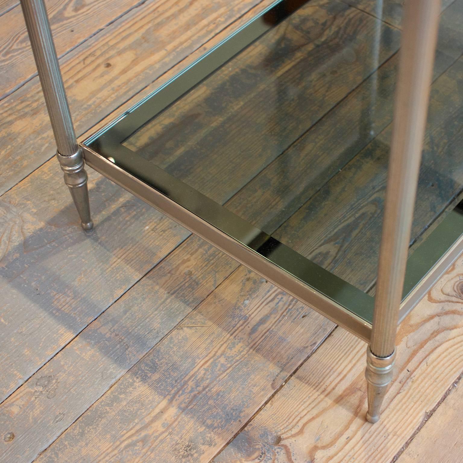 Brass Pair of French End Tables with Smoked Glass