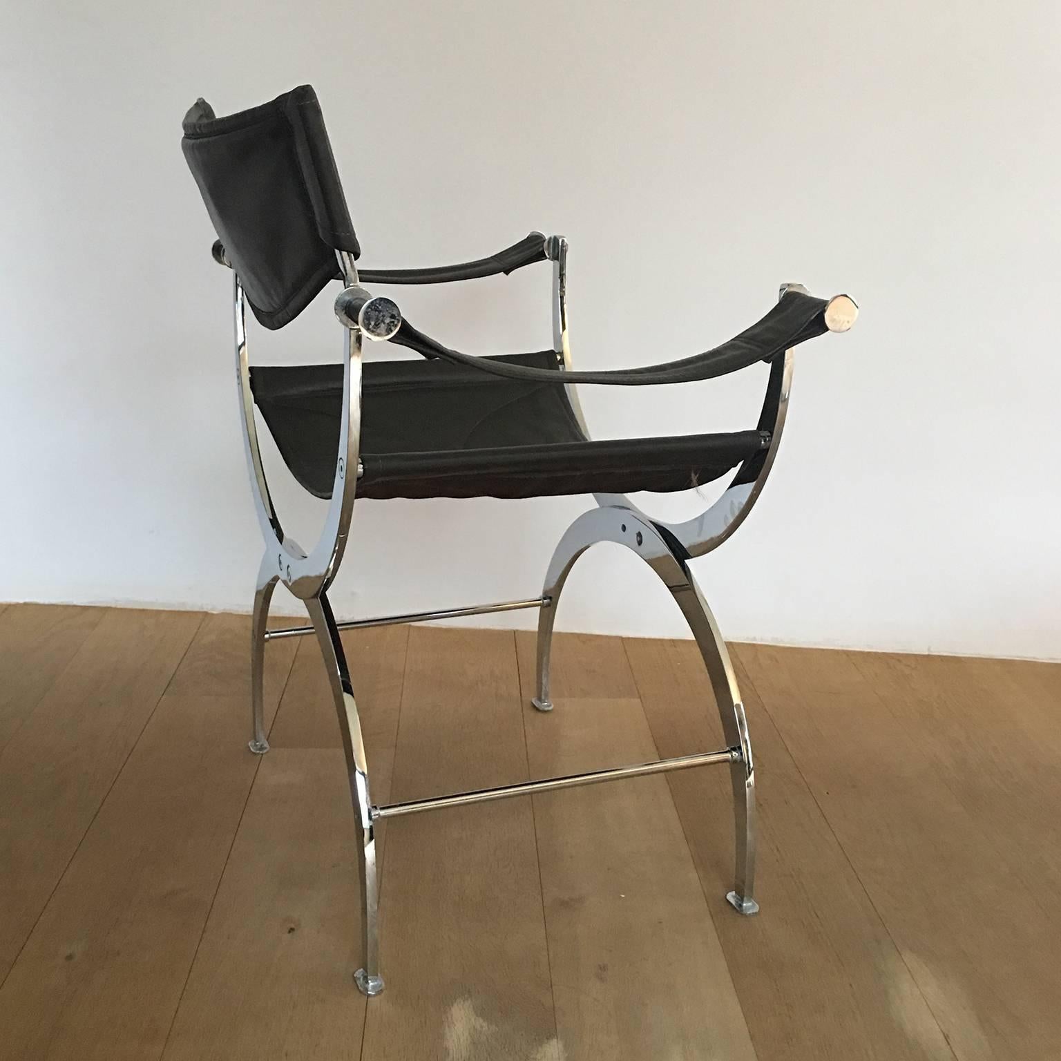 Set of Five Chrome and Leather Curule Chairs, in the Style of Maison Jansen In Good Condition In Brussels, BE