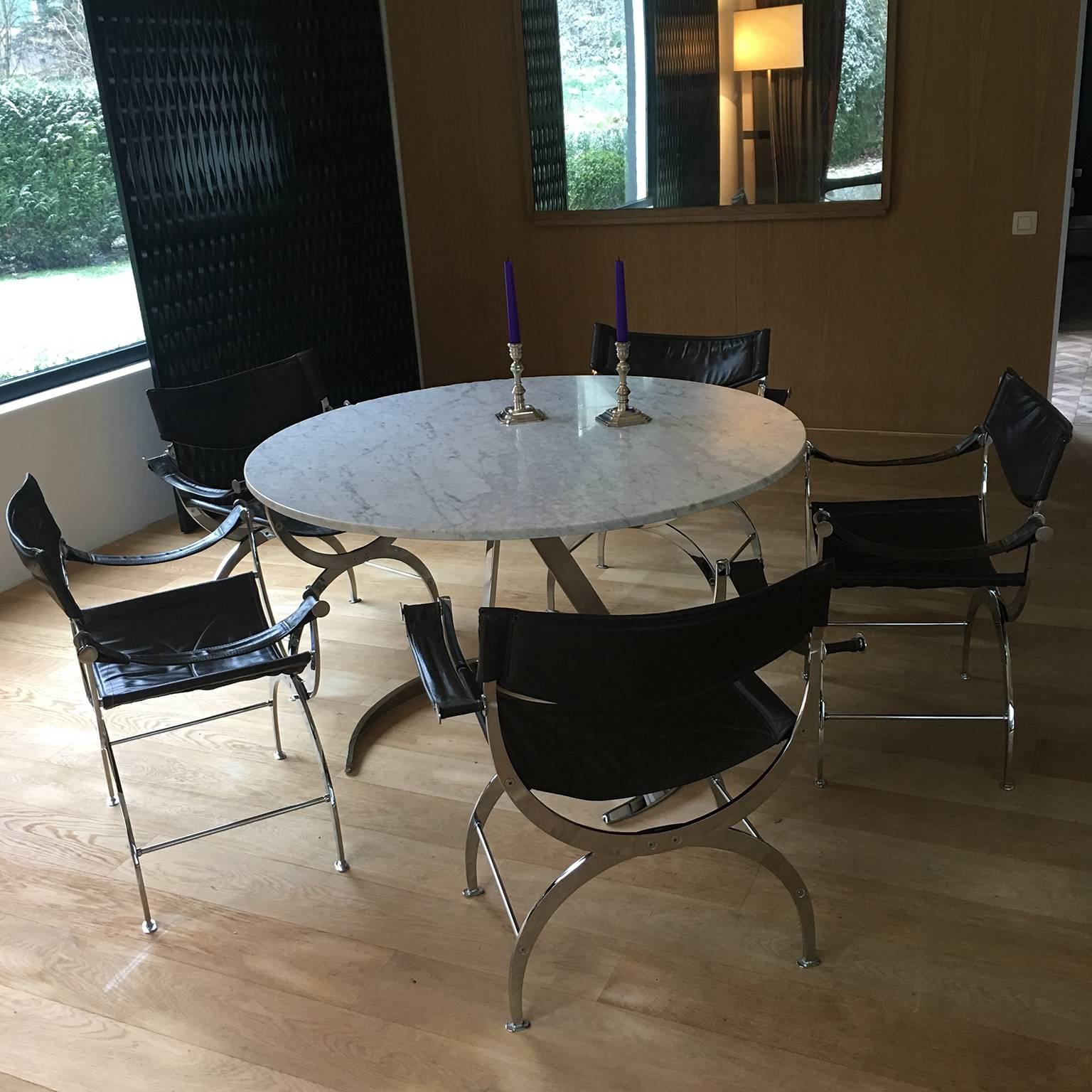 Set of Five Chrome and Leather Curule Chairs, in the Style of Maison Jansen 2