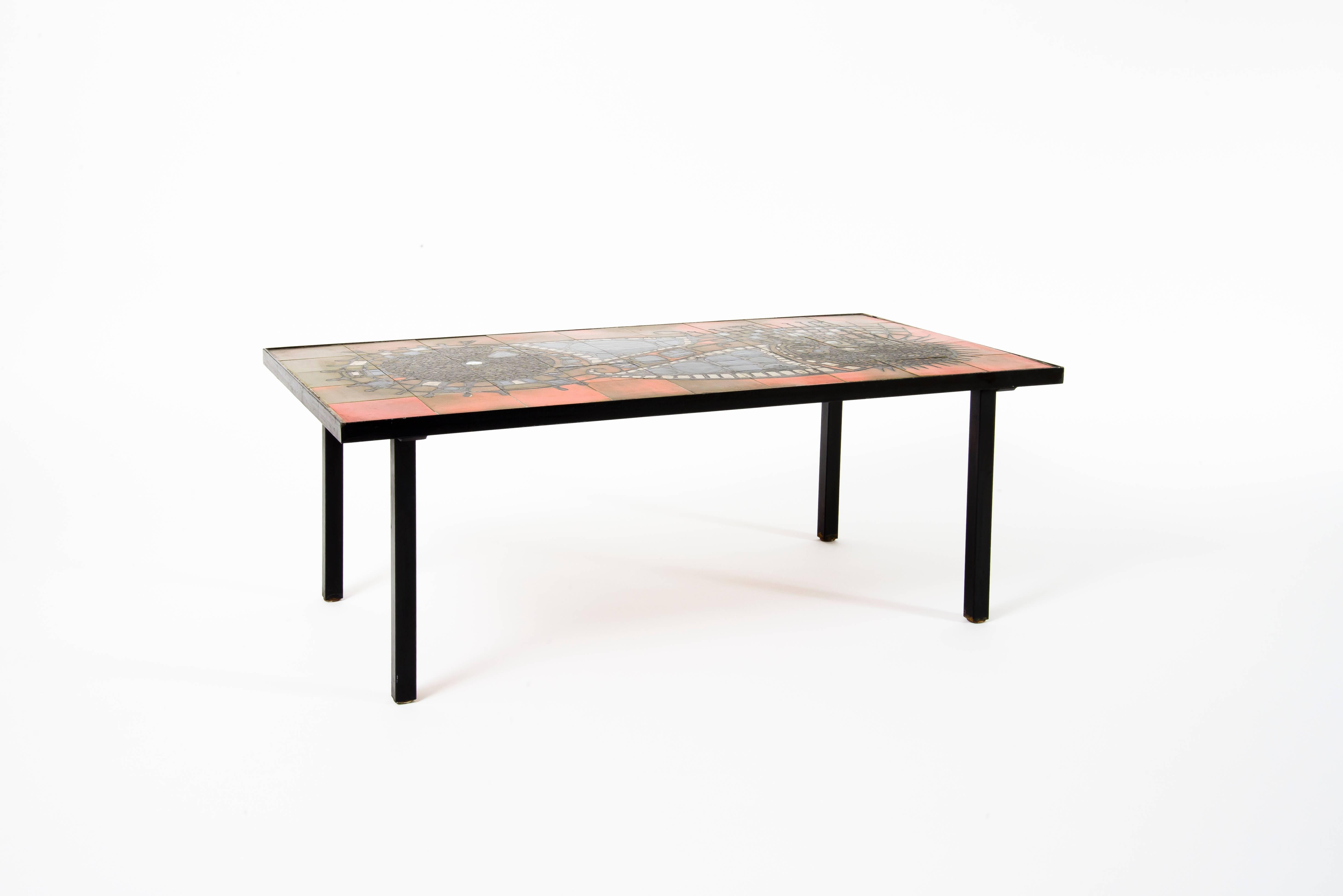 One-off coffee table with an abstract composition by the Belgian ceramic workshop Perignem. Glazed ceramic tiles and a black lacquered metal frame.