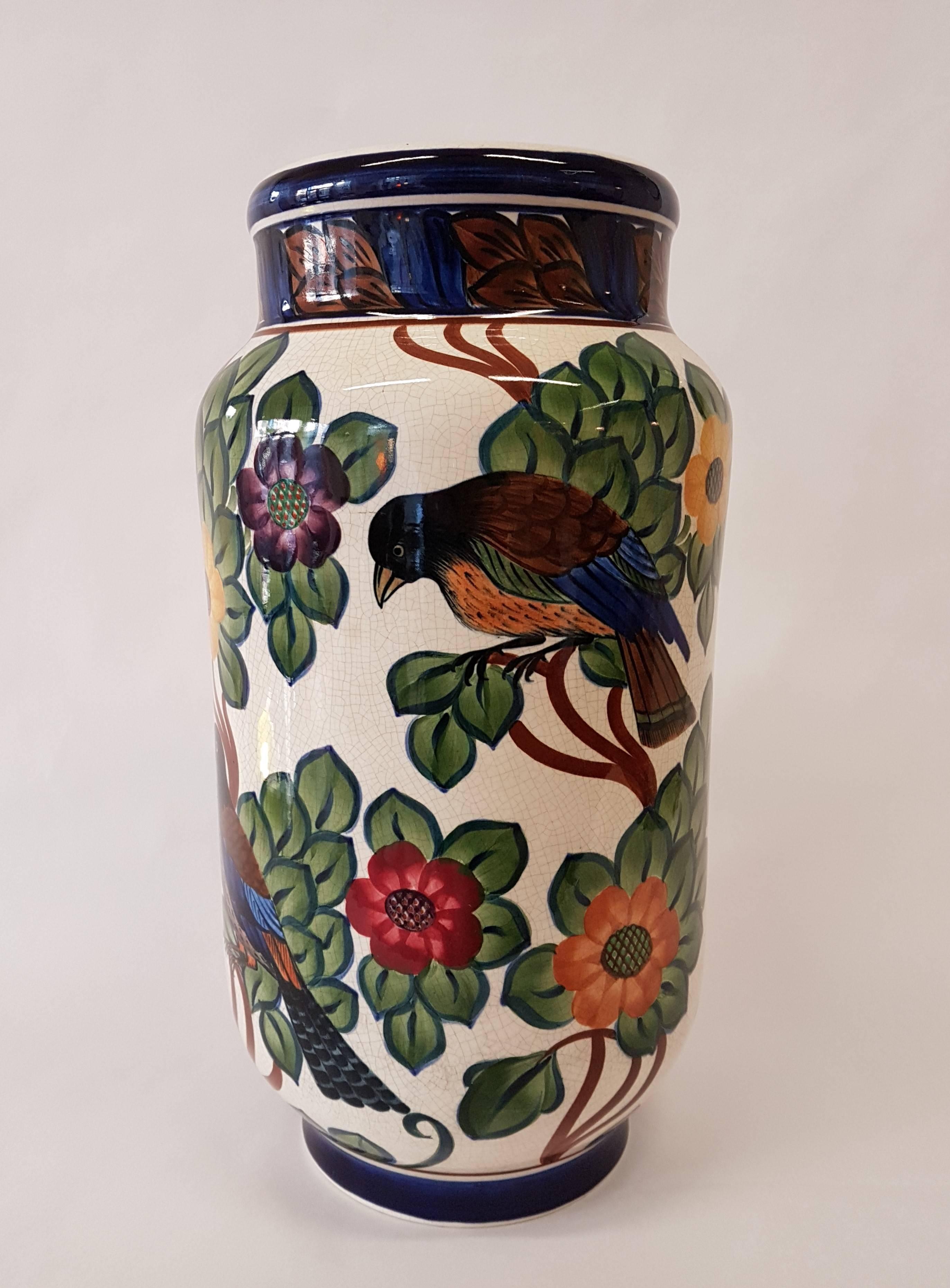 Impressive Art Nouveau vase executed by Aluminia in Copenhagen, Denmark.
'Craquelé' with birds and plants decoration.
Painted marks under the base with decor and model (year) numbers.