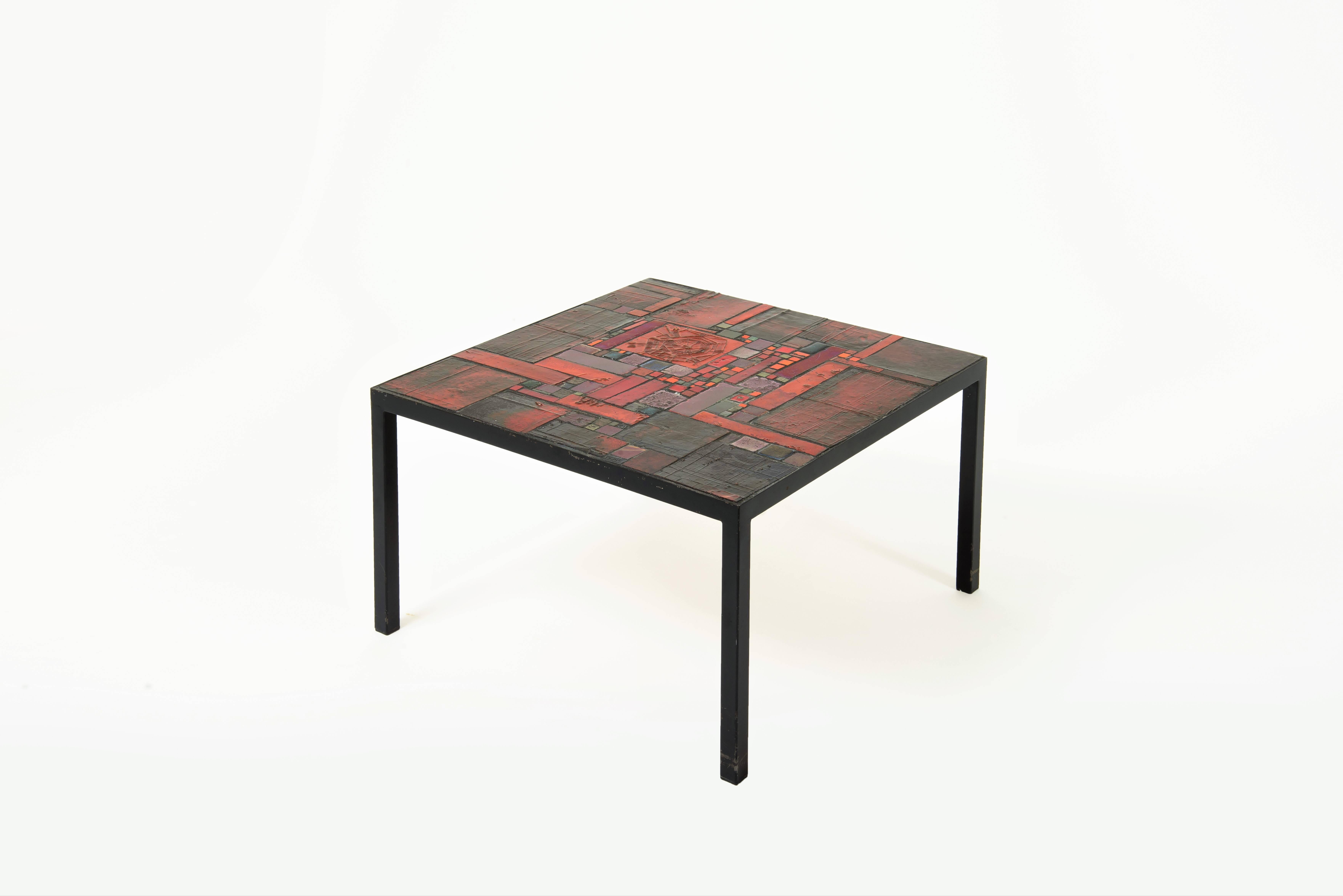 Impressive low table by Pia Manu, Belgium. Ceramic tiles and blue glass 