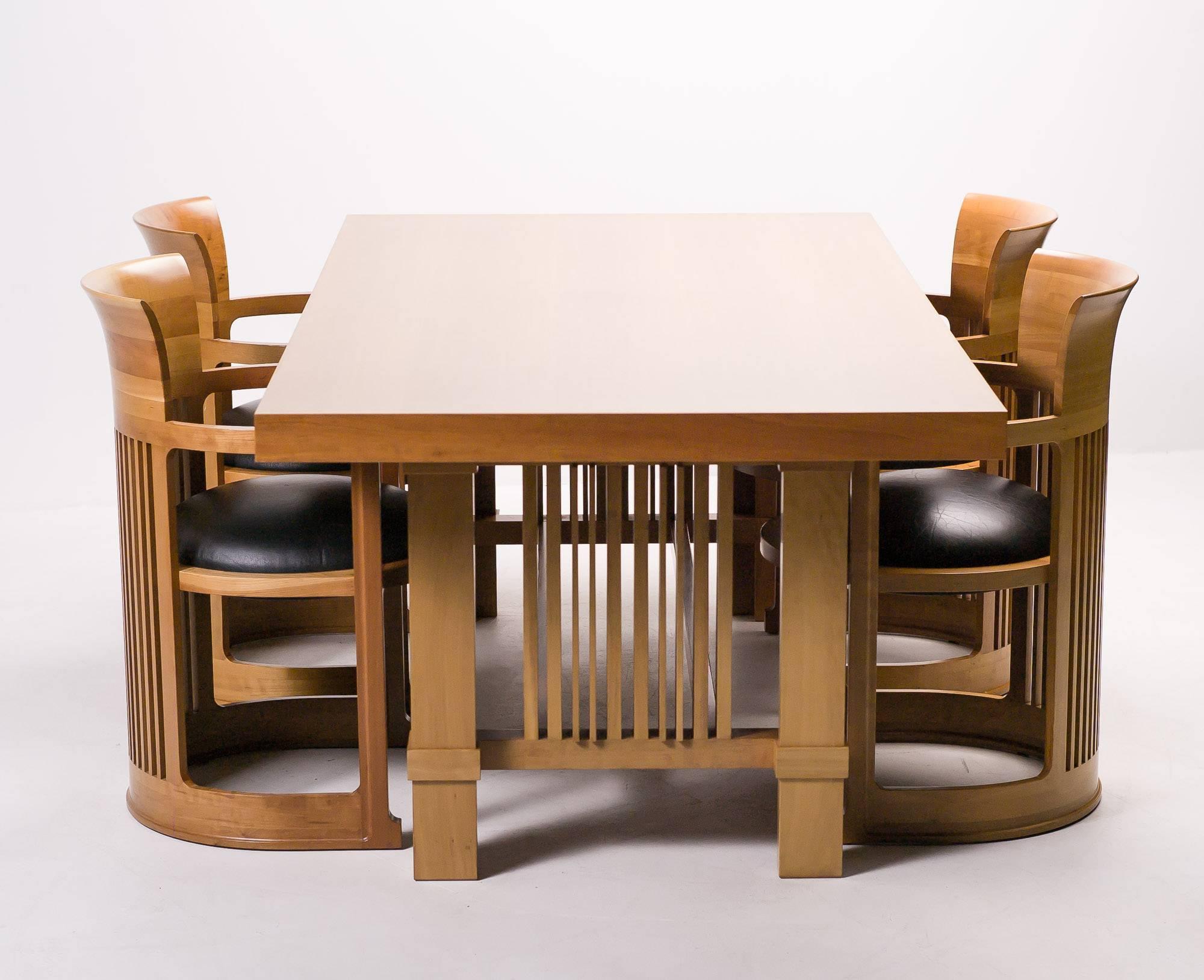 Italian Cassina Taliesin Dining Table and Barrel Chairs Designed by Frank Lloyd Wright