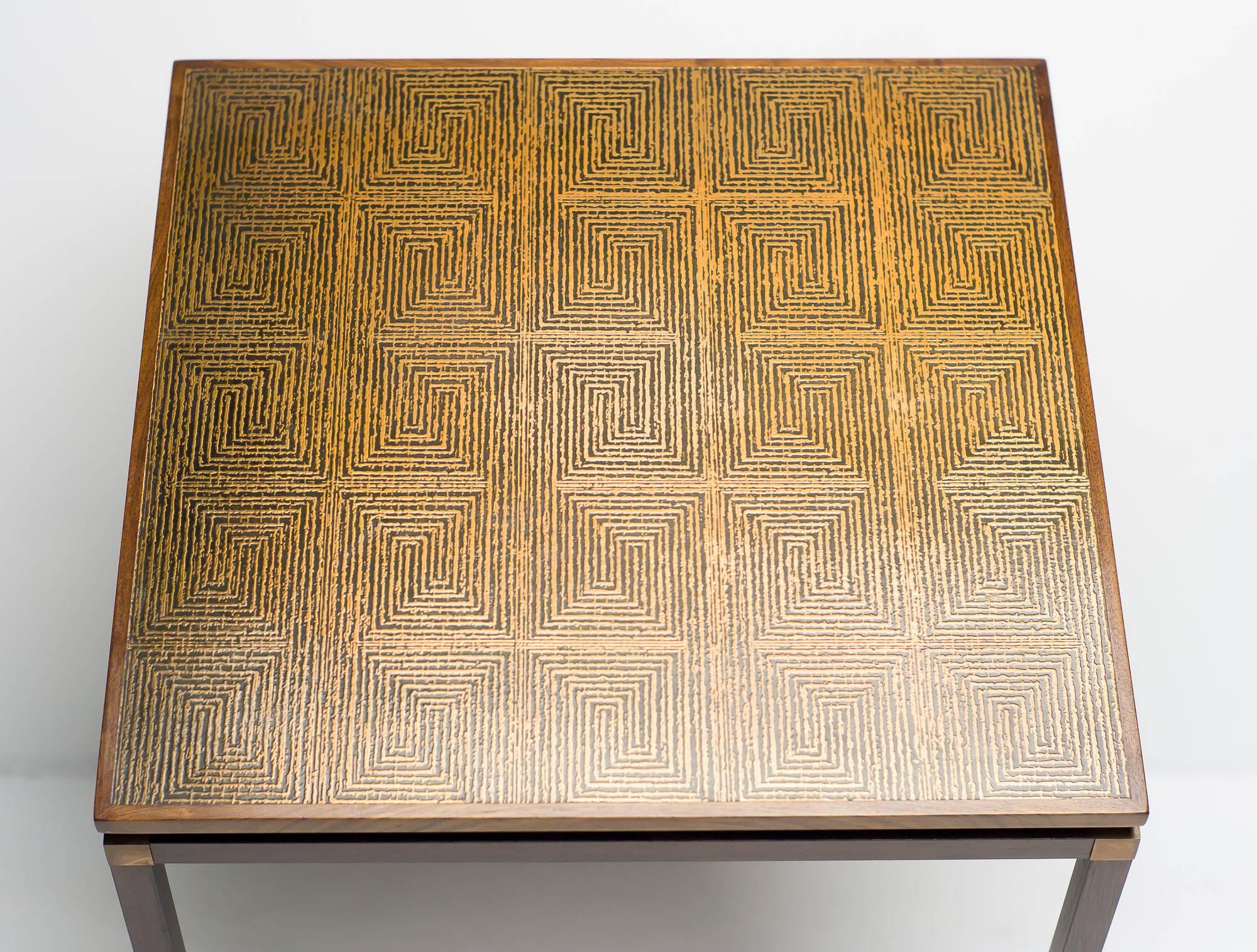 Set of two side tables, Denmark, circa 1960.
Embossed copper plate with abstract decoration.
Rosewood frame with brass joints.  

Excellent fast and affordable worldwide shipping available.