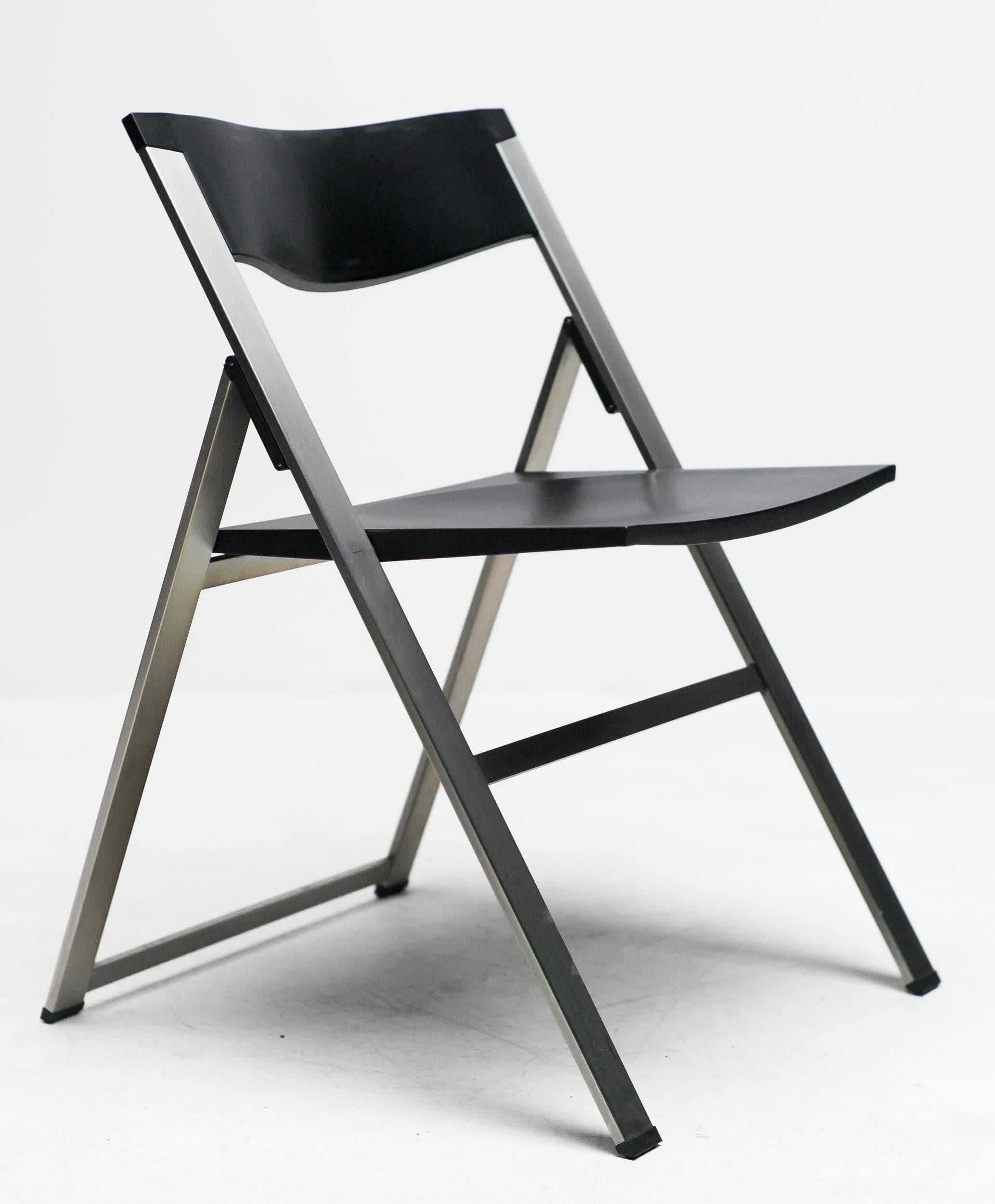 The structure consists of a satin finished stainless steel frame. The seat and backrest are made in black polyamide. They are very comfortable and fold completely flat.

Excellent fast and affordable worldwide shipping available.