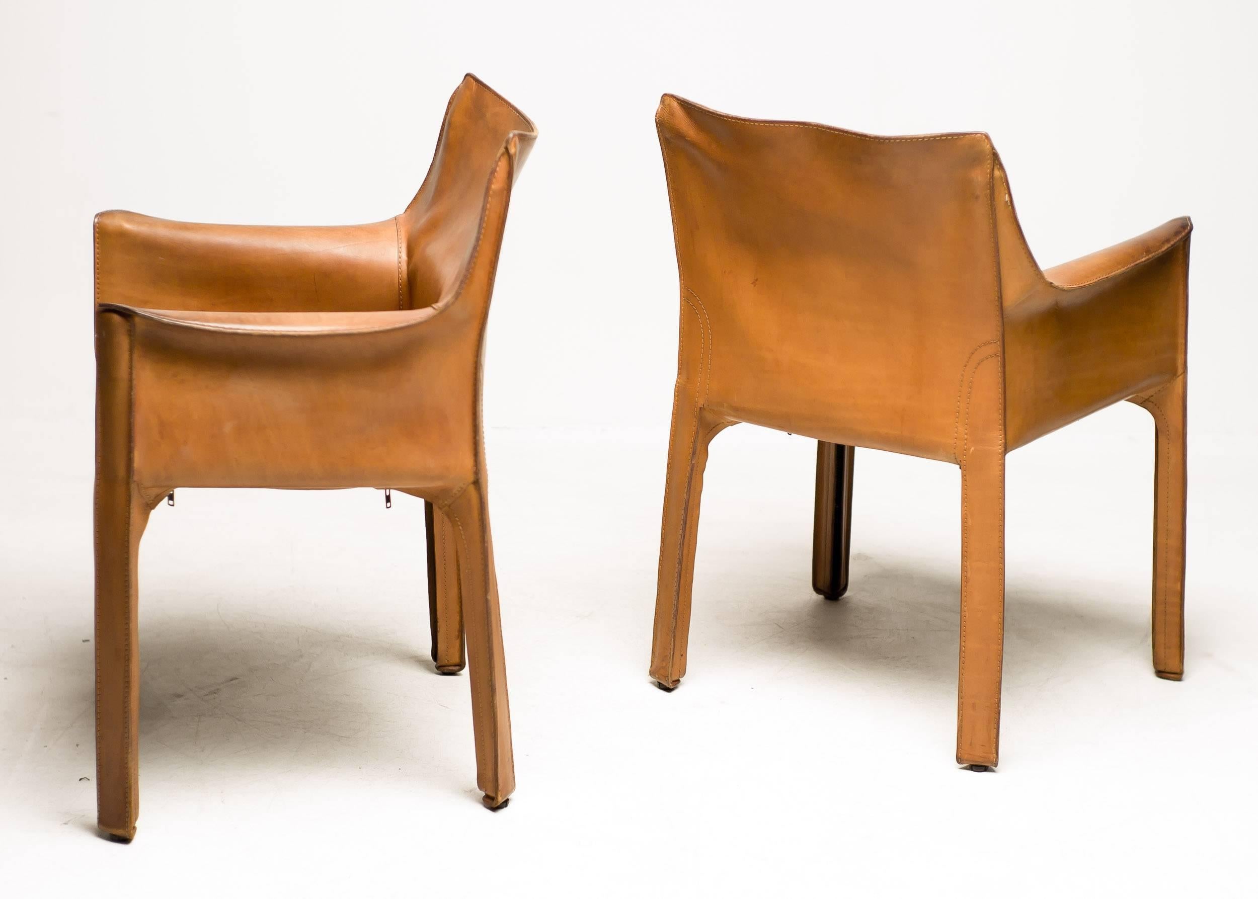 Mid-Century Modern Pair of Mario Bellini Saddle Leather Cab Chairs, Cassina, Italy