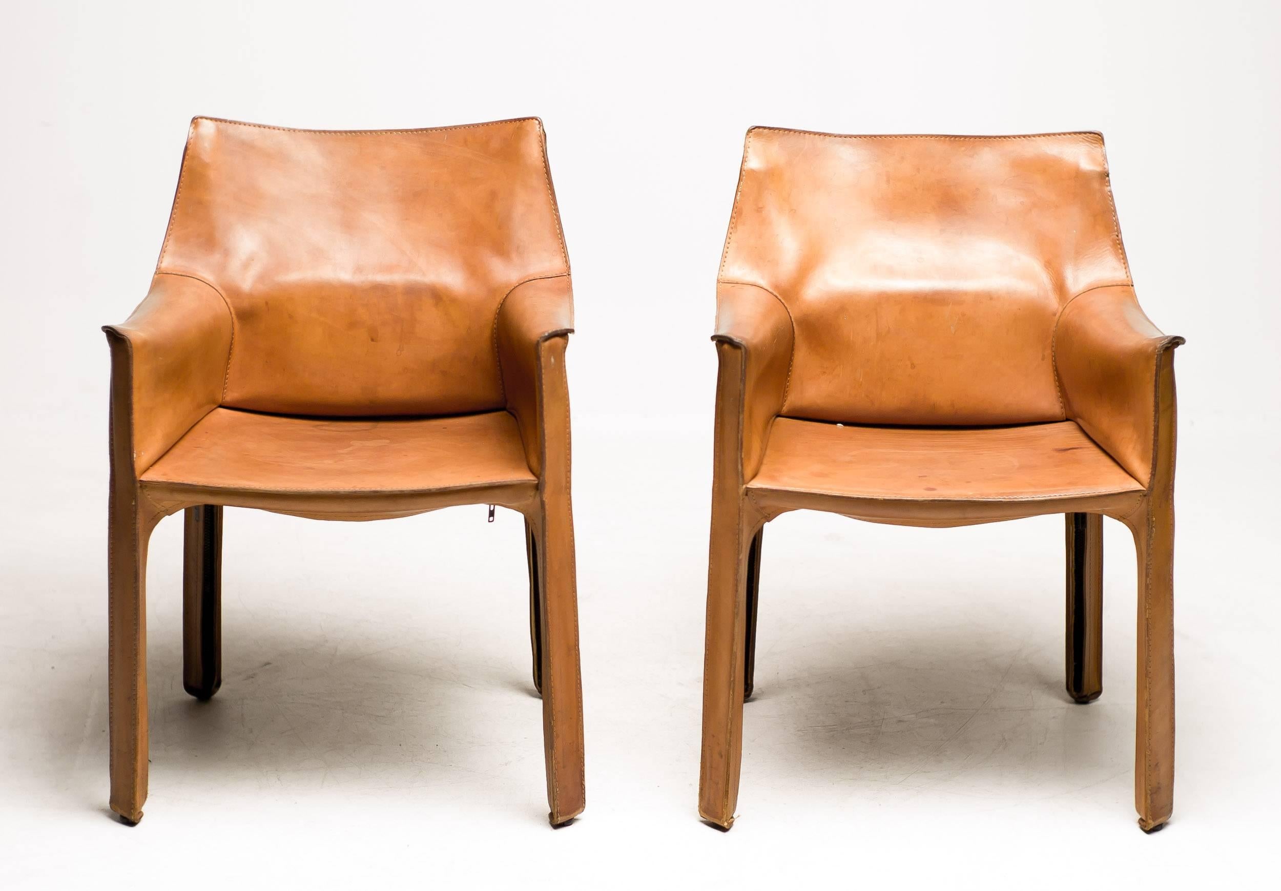 Pair of Mario Bellini Saddle Leather Cab Chairs, Cassina, Italy In Excellent Condition In Dronten, NL